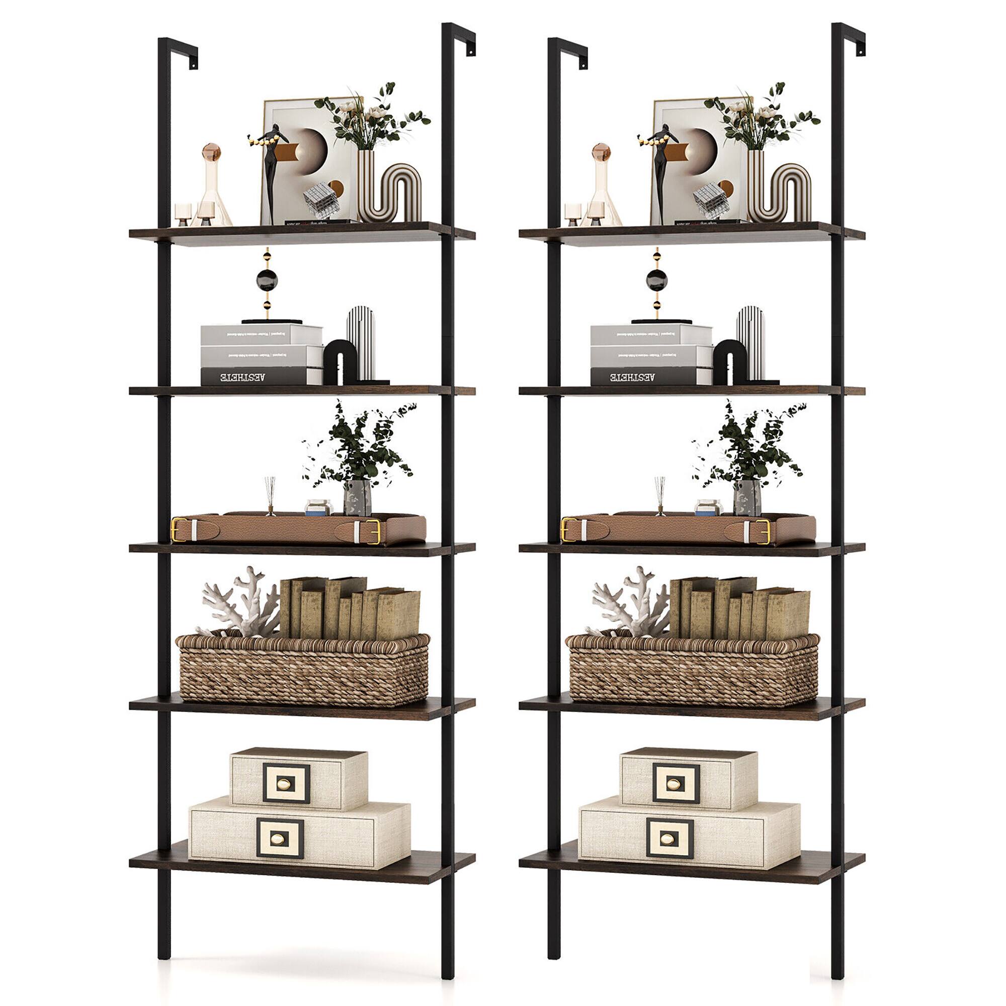Gymax - 2 PCS 5 Tier Ladder Shelf 71'' Wall-Mounted Bookshelf Display Storage Organizer - Brown