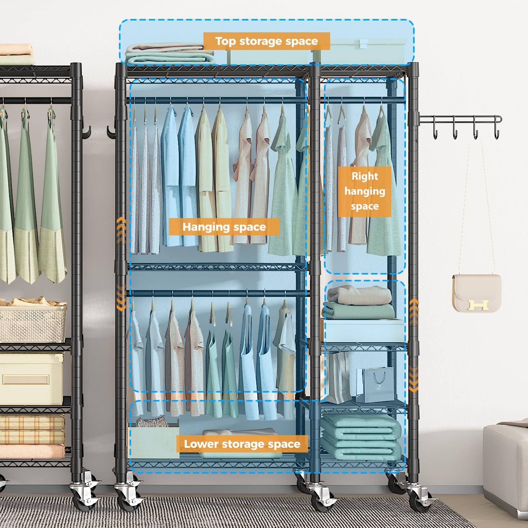 - Top storage space
- Hanging space
- Right hanging space
- Lower storage space