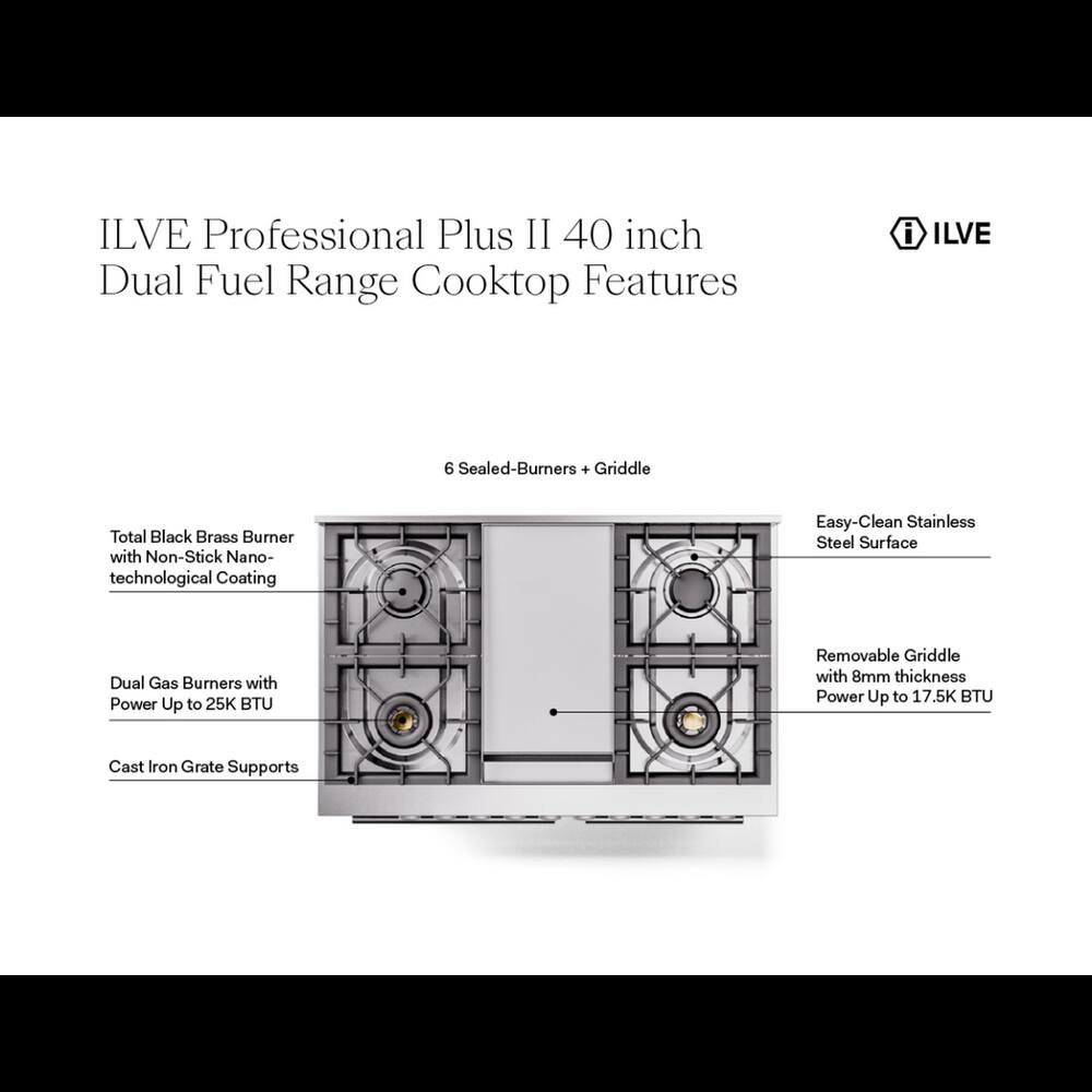 ILVE Professional Plus II 40 inch Dual Fuel Range Cooktop Features

- ILVE
- 6 Sealed-Burners + Griddle
- Total Black Brass Burner with Non-Stick Nano-technological Coating
- Easy-Clean Stainless Steel Surface
- Dual Gas Burners with Power Up to 25K BTU
- Removable Griddle with 8mm thickness Power Up to 17.5K BTU
- Cast Iron Grate Supports