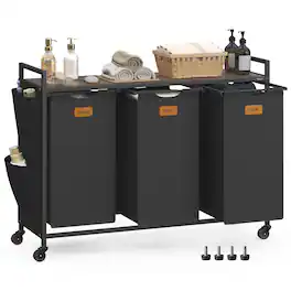 Songmics Home - Laundry Hamper, Laundry Sorter Rolling Cart with Shelves, Small Side Pockets, 6 Labels, 3 Compartments, 39.6 Gal.(150 L) - Ink Black and Ash Brown