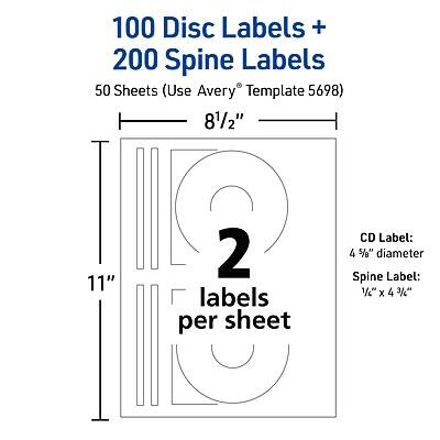 100 Disc Labels + 200 Spine Labels  
50 Sheets (Use Avery® Template 5698)  

8½" x 11"  
2 labels per sheet  

CD Label: 4 5/8" diameter  
Spine Label: 1/2" x 4 3/8"