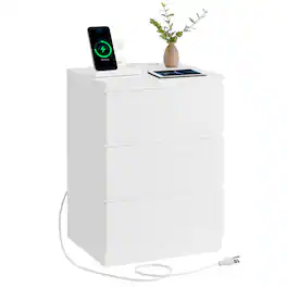 Songmics Home - Nightstand with Charging Station, 2 AC Outlets and 2 USB Ports,Side Table with 3 Drawers, 13.8 x 15.7 x 23.2 Inches - Cloud White