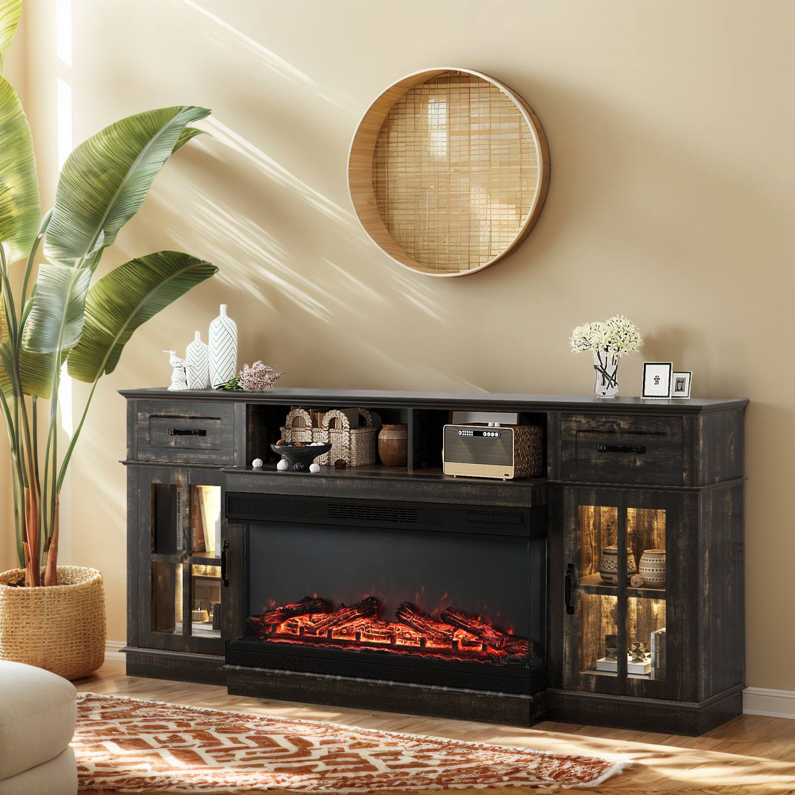 Alt View 1. Chateau Abodes - 70" Electric Fireplace TV Stand with 36" 3-Sided Glass Insert, 2 Lattice Glass Doors, 2 Drawers & Shelf - Black Gold Oak.