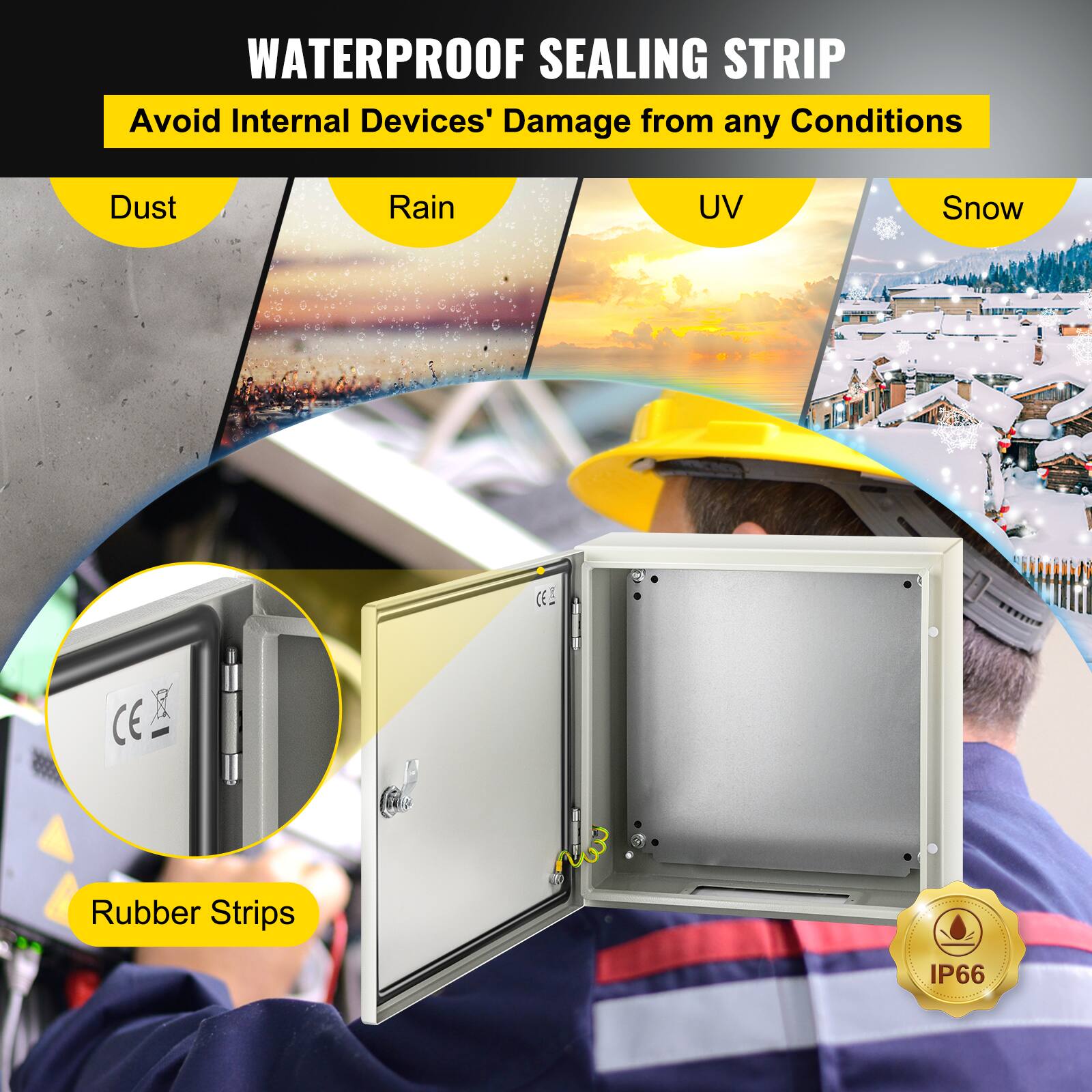 WATERPROOF SEALING STRIP  
Avoid Internal Devices' Damage from any Conditions  
Dust  
Rain  
UV  
Snow  
CE  
Rubber Strips  
IP66