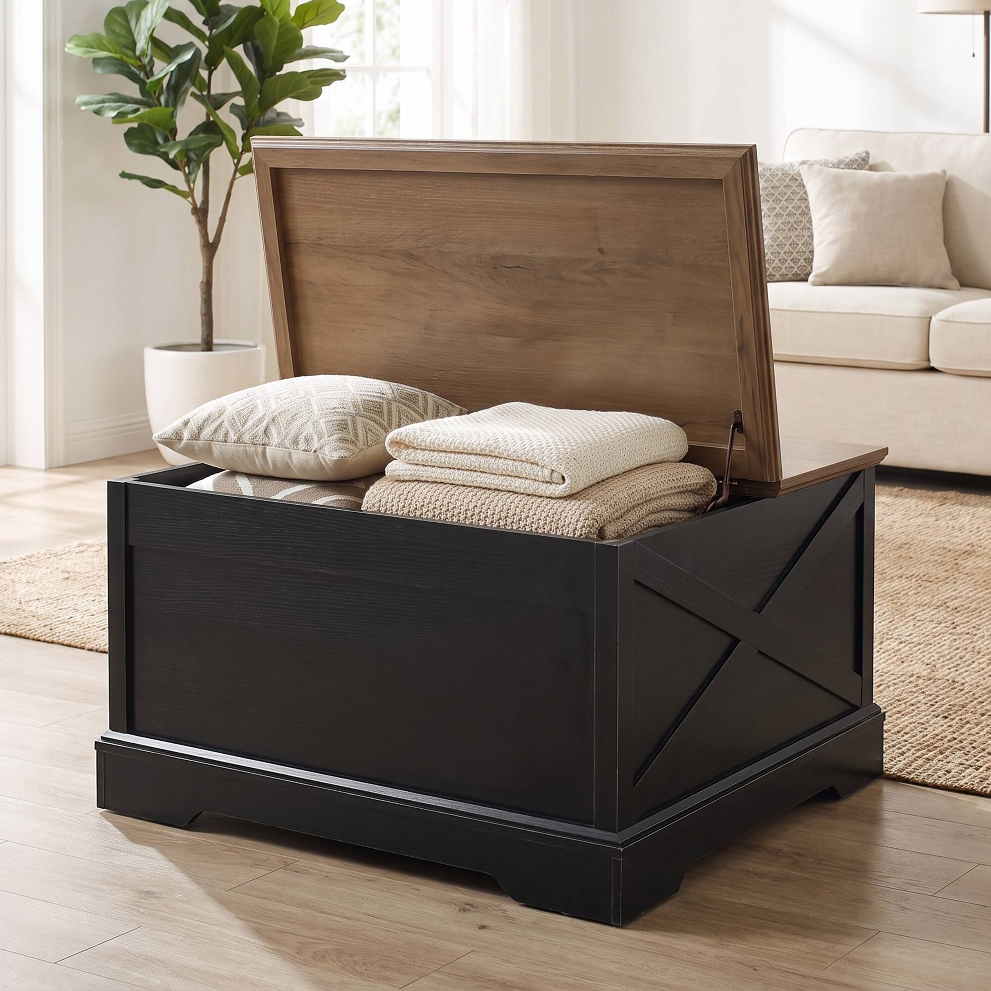 Angle. Ihomeadore - 31.5 Inch Modern Farmhouse Square Flip Top Coffee Table with Hidden Storage Box and Sliding Barn Door - Black.