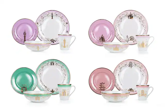Front. Ukonic - Disney Princess 16-Piece Ceramic Dinnerware Set | Tiana, Rapunzel, Aurora, Mulan - White.