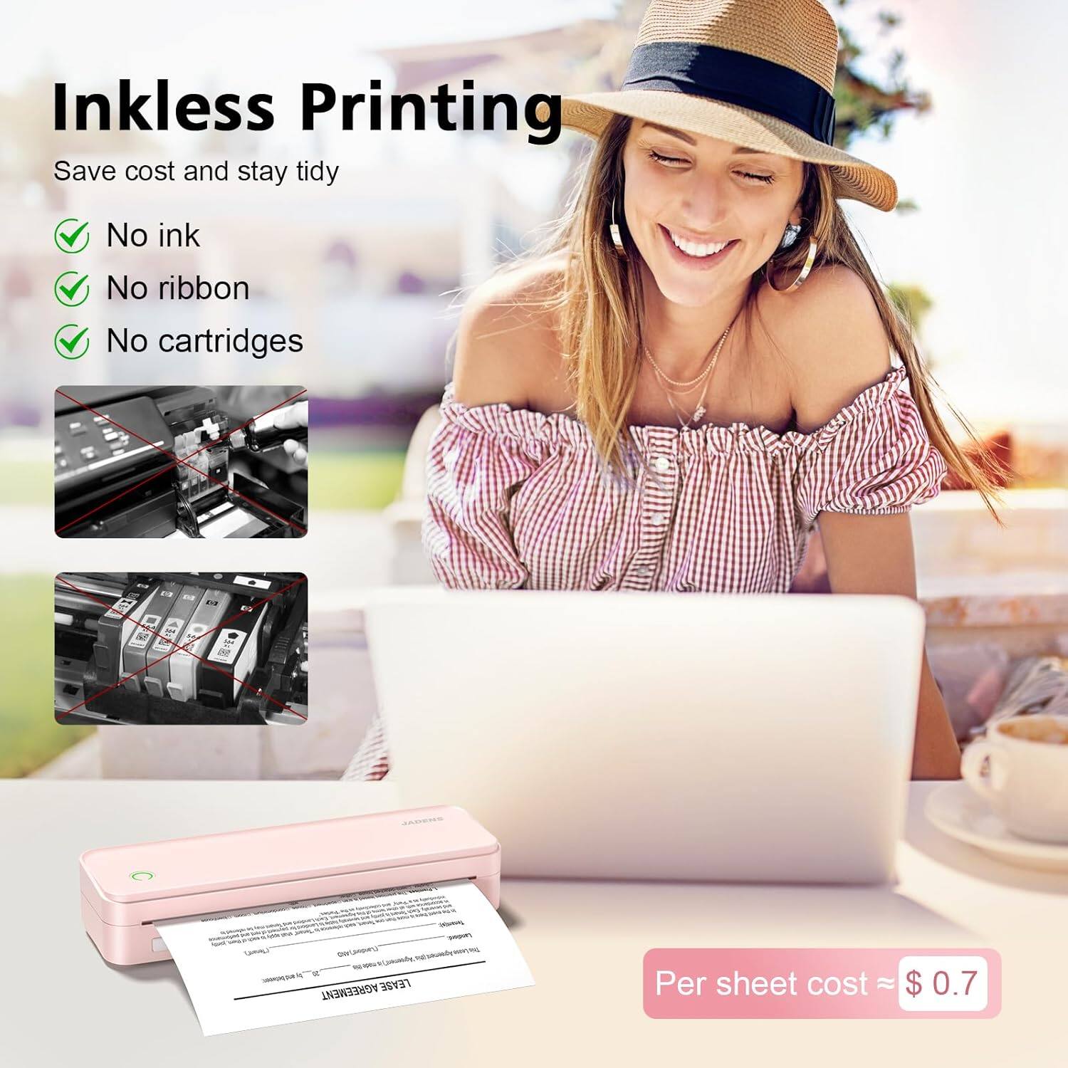 Alt View 2. JADENS - PD-A4 Portable Thermal Printer – Wireless & USB, Ink-Free, Long Battery Life, Includes 200 Sheets of A4 Thermal Paper - Pink.