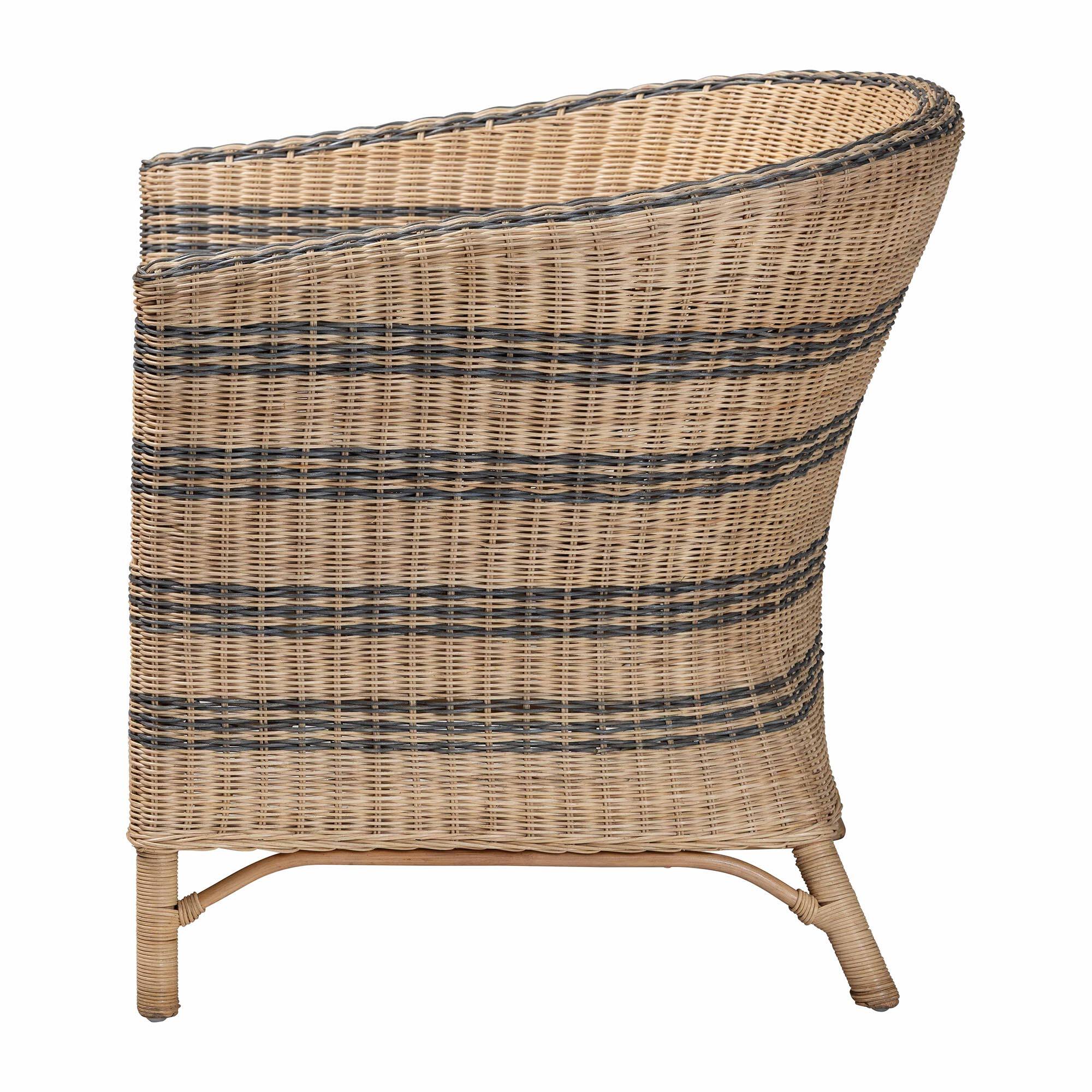 Left. bali & pari - Elda Natural Rattan Accent Chair - Wicker Barrel-Back Chair with Woven Stripes and Cushion, Coastal Boho Style - Natural Brown/Blue.