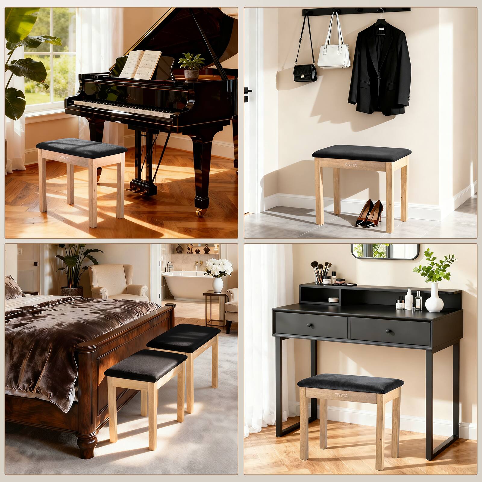 Alt View 7. Unique Bargains - Piano Bench with Storage Solid Wood Keyboard Bench Piano Chair Seat with High-Density Sponges Suede Cushion Single - Wood Finish Color.