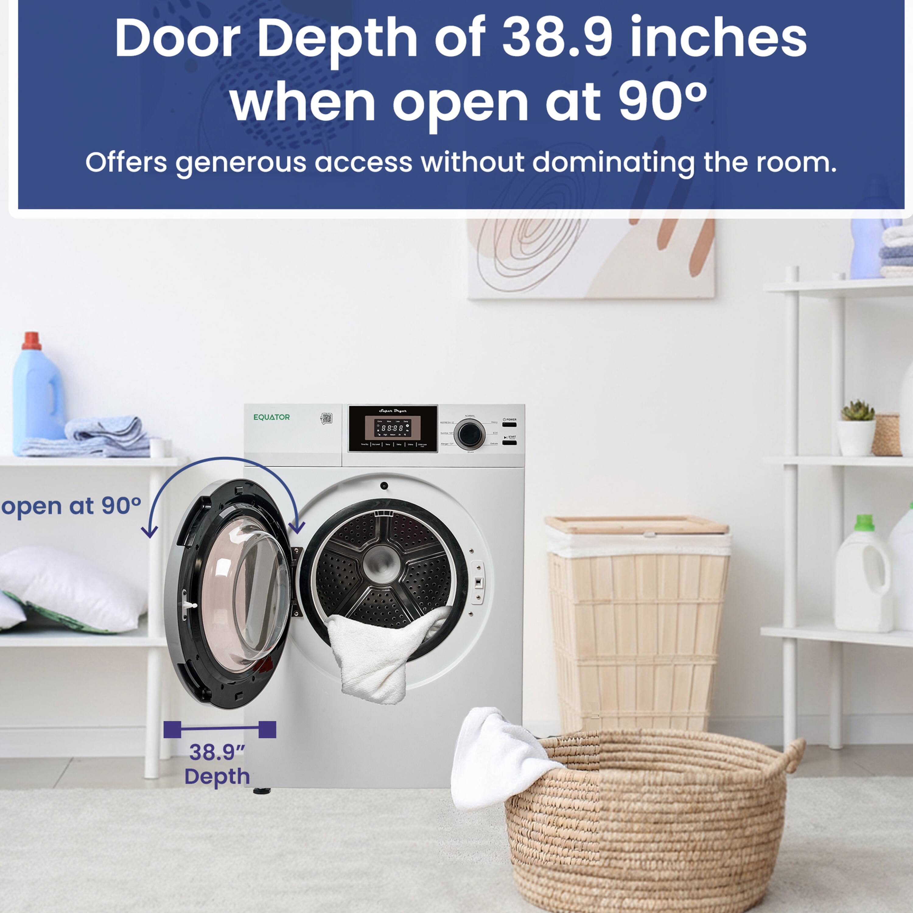 Door Depth of 38.9 inches when open at 90°  
Offers generous access without dominating the room.