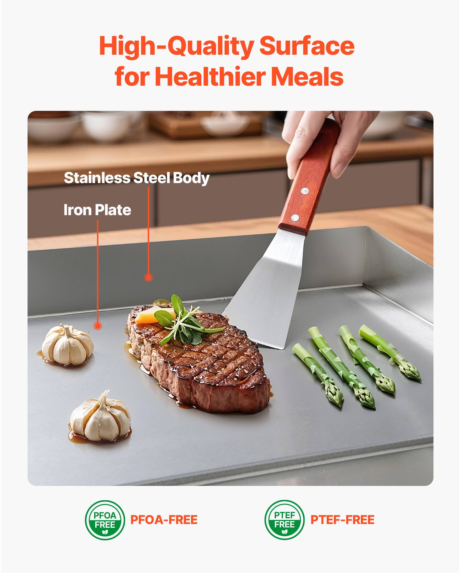 High-Quality Surface for Healthier Meals

Stainless Steel Body
Iron Plate

PFOA-FREE
PTEF-FREE