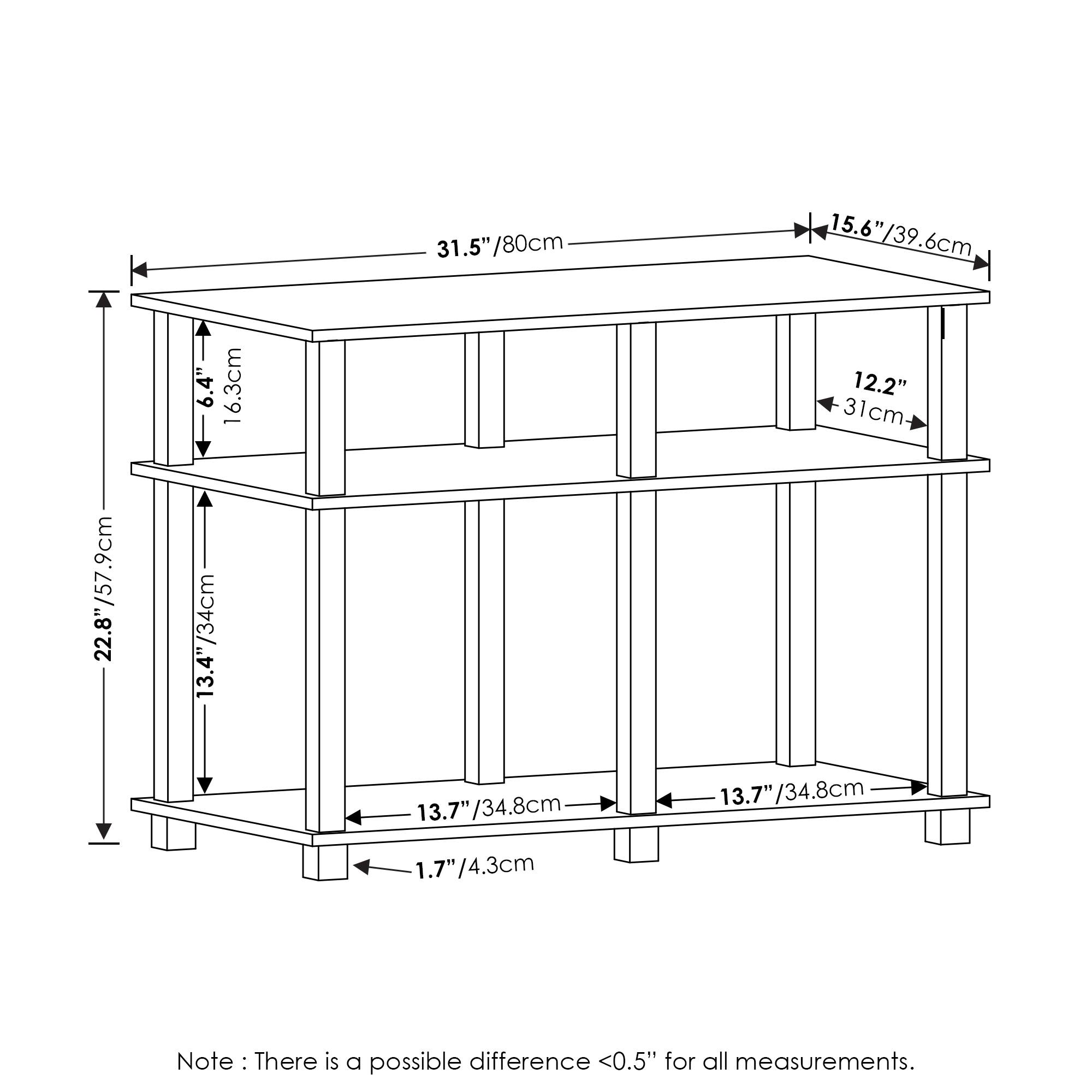 31.5"/80cm  
15.6"/39.6cm  
22.8"/57.9cm  
13.4"/34cm  
12.2"/31cm  
13.7"/34.8cm  
1.7"/4.3cm  

Note: There is a possible difference <0.5" for all measurements.