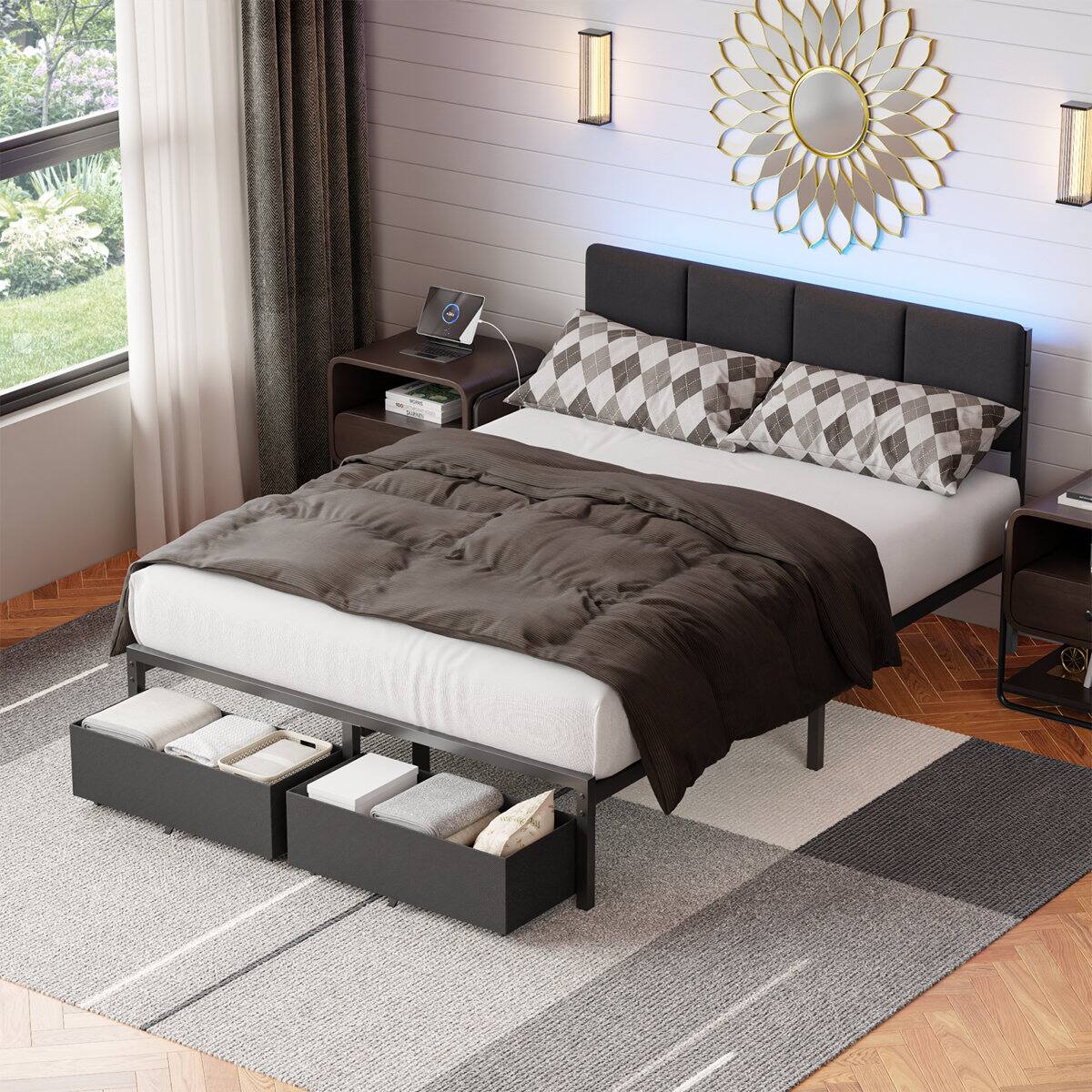 Left. Furnulem - Upholstered Bed Frame with 2 Storage Drawers Modern Platform Bed with Charging Station & LED Light - Black.