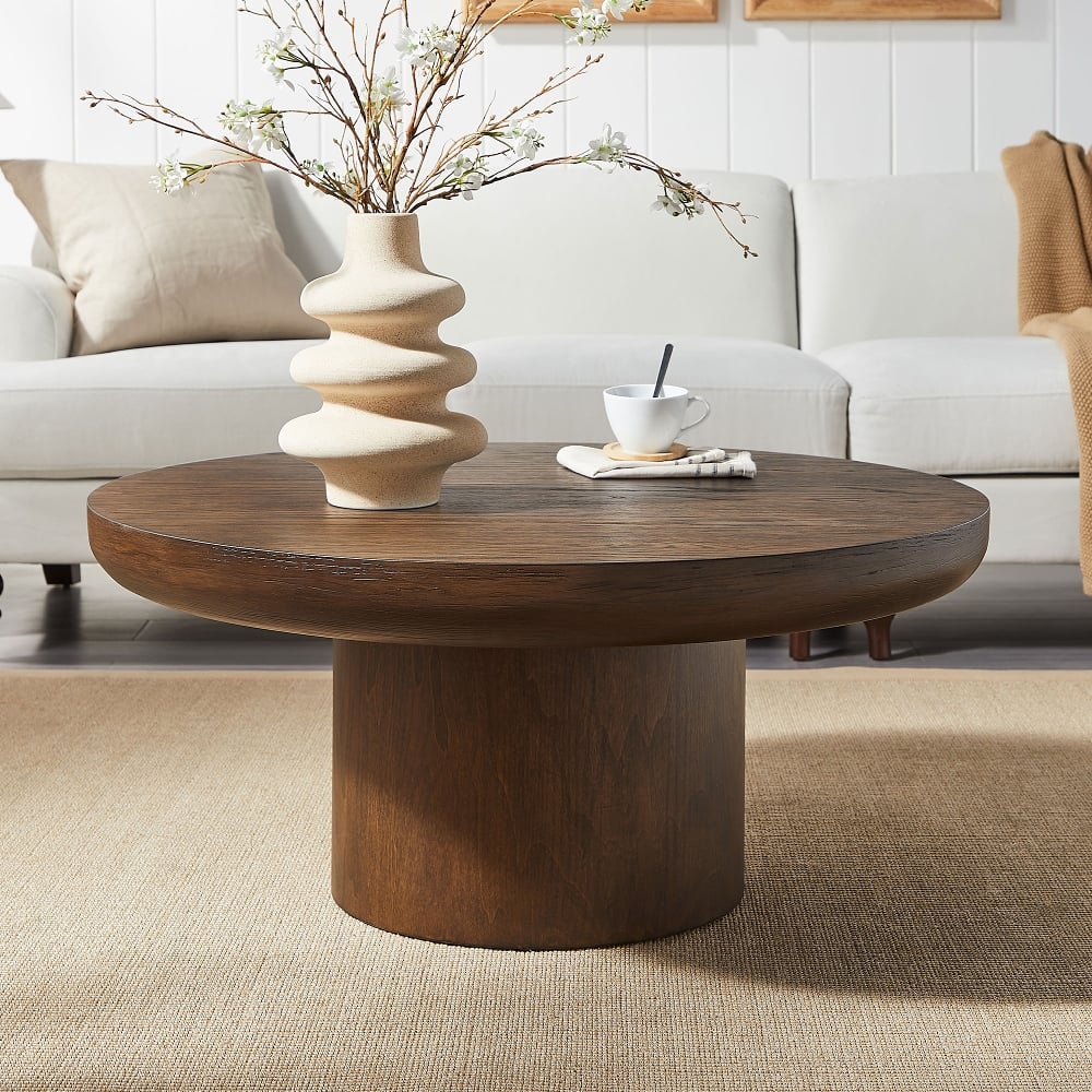 Loheer - 36 Inch Round Coffee Table Wood Veneer Farmhouse Sofa Side Table with Cylindrical Legs for Living Room - Dark Brown