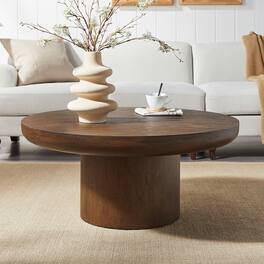 Loheer - 36 Inch Round Coffee Table Wood Veneer Farmhouse Sofa Side Table with Cylindrical Legs for Living Room - Dark Brown