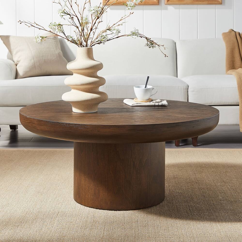 Front. Loheer - 36 Inch Round Coffee Table Wood Veneer Farmhouse Sofa Side Table with Cylindrical Legs for Living Room - Dark Brown.