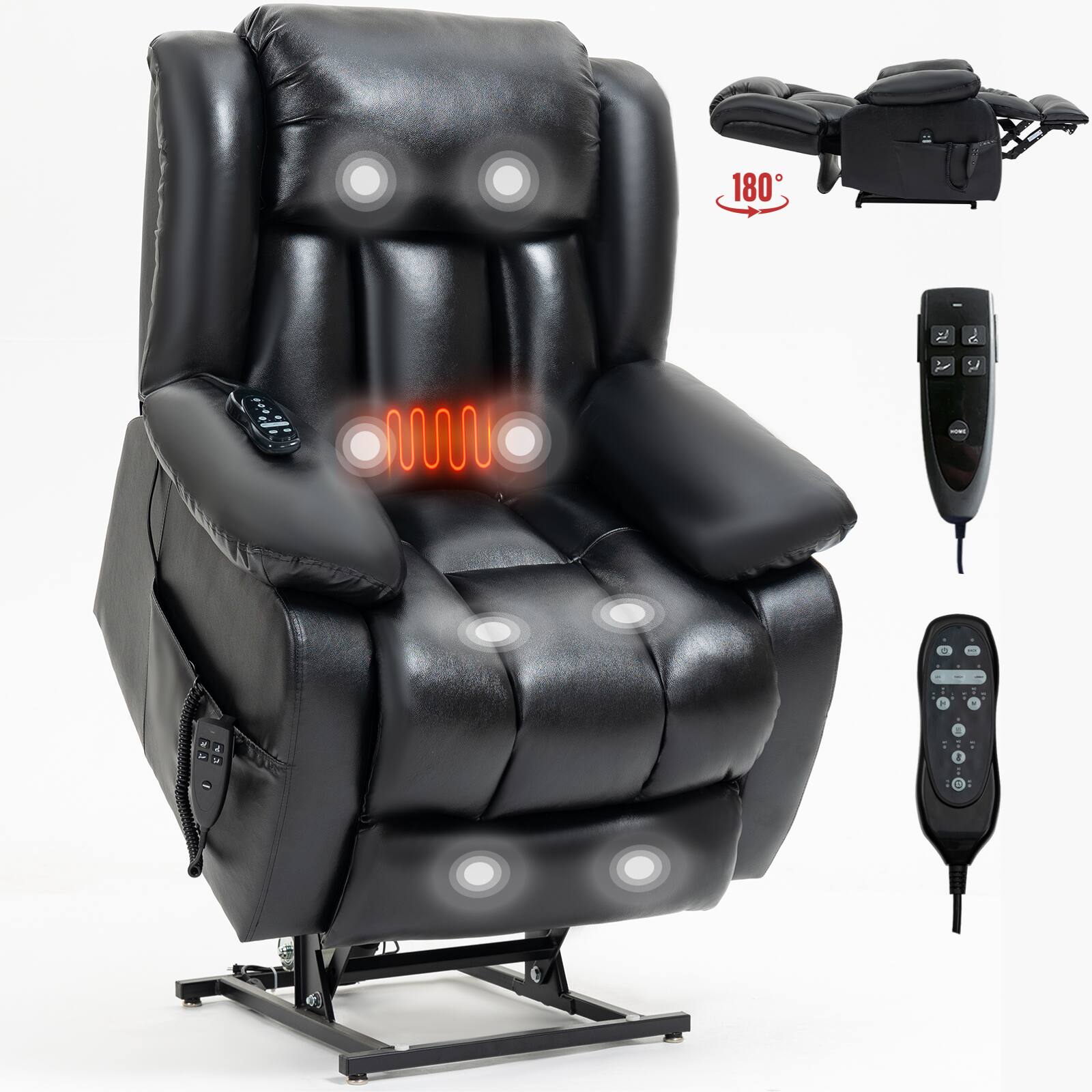 Front. APRILSOUL - Electric Medium size Genuine Leather Power Lift Recliner Chair with 8-Point Vibration Massage and Lumbar Heating - Black.