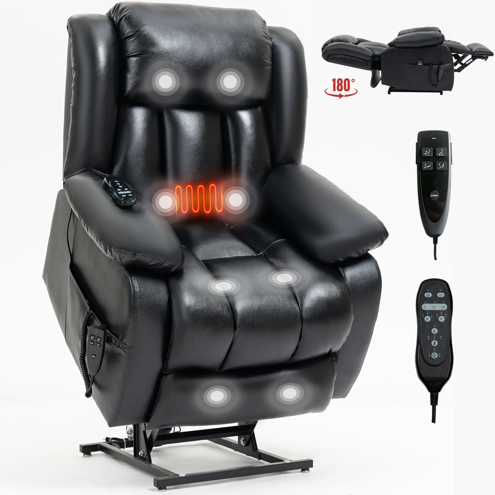Front. APRILSOUL - Electric Medium size Genuine Leather Power Lift Recliner Chair with 8-Point Vibration Massage and Lumbar Heating - Black.