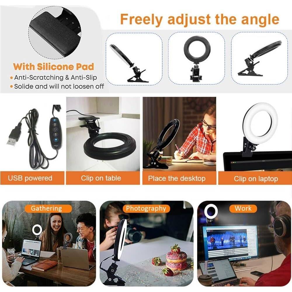 Freely adjust the angle

With Silicone Pad
- Anti-Scratching & Anti-Slip
- Solid and will not loosen off

USB powered
Clip on table
Place the desktop
Clip on laptop

Gathering
Photography
Work