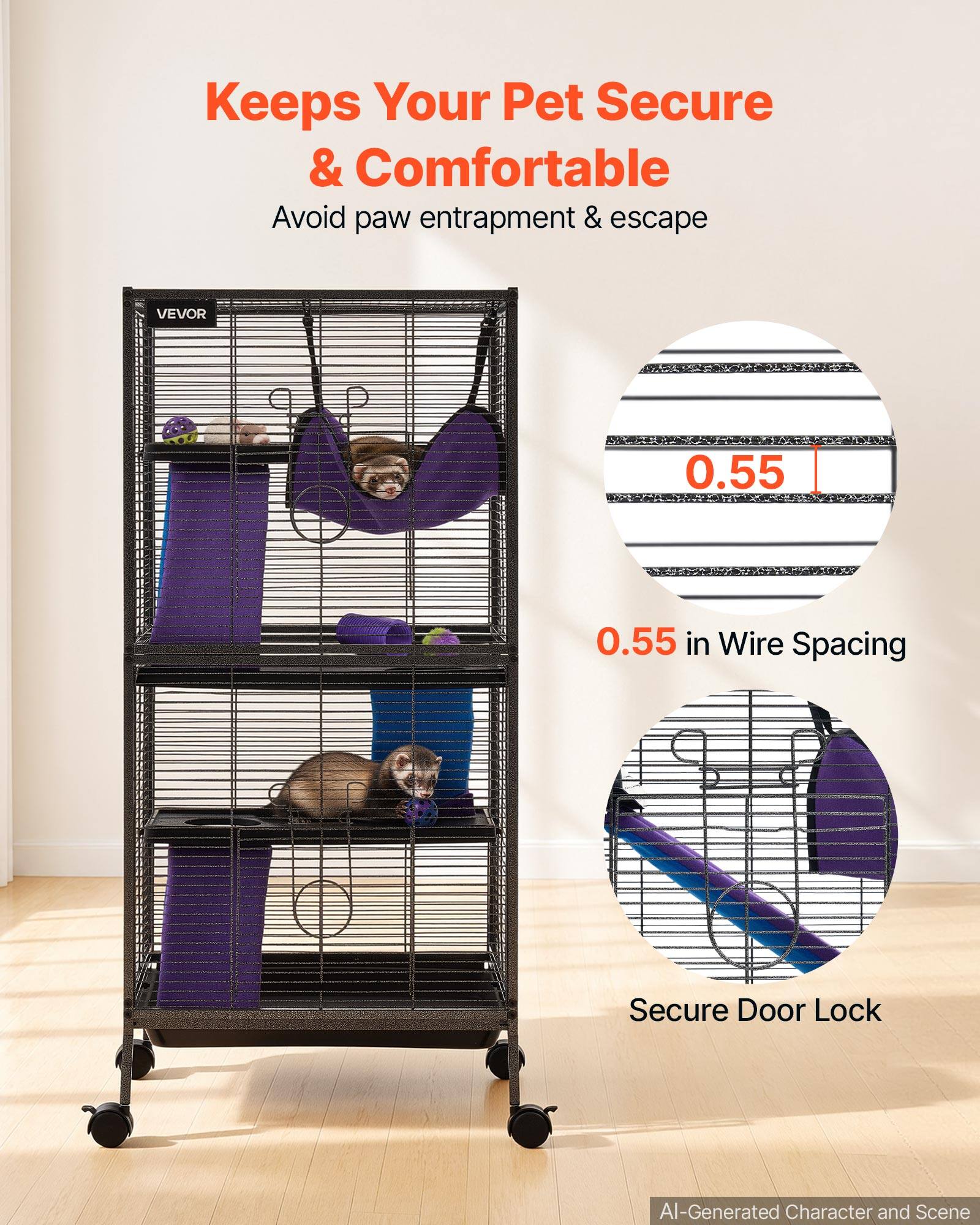 Keeps Your Pet Secure & Comfortable  
Avoid paw entrapment & escape  

VEVOR  
0.55  
0.55 in Wire Spacing  
Secure Door Lock  

AI-Generated Character and Scene