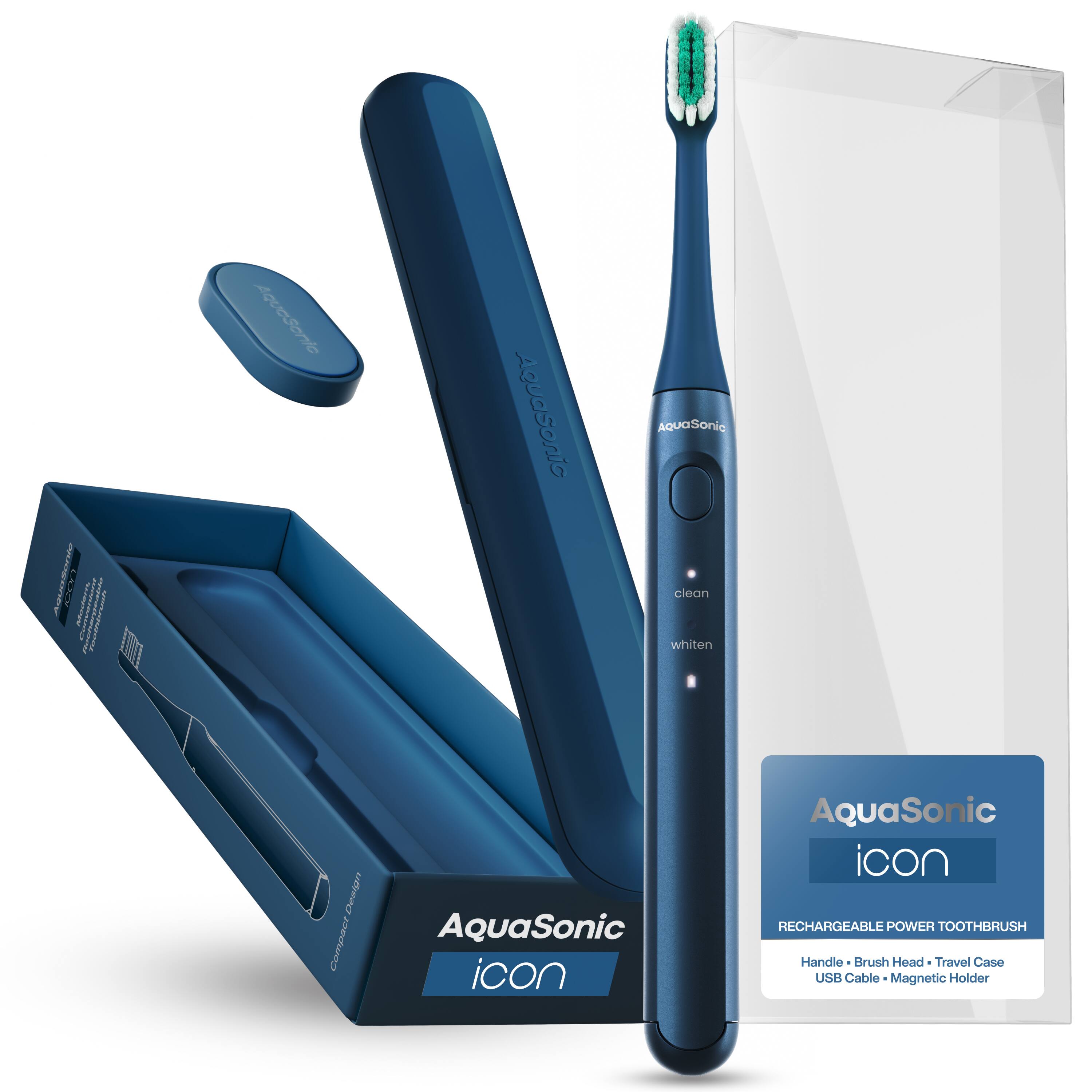 AquaSonic icon  
RECHARGEABLE POWER TOOTHBRUSH  
Handle • Brush Head • Travel Case • USB Cable • Magnetic Holder  

clean  
whiten  

AquaSonic icon  
RECHARGEABLE POWER TOOTHBRUSH  
Handle • Brush Head • Travel Case • USB Cable • Magnetic Holder