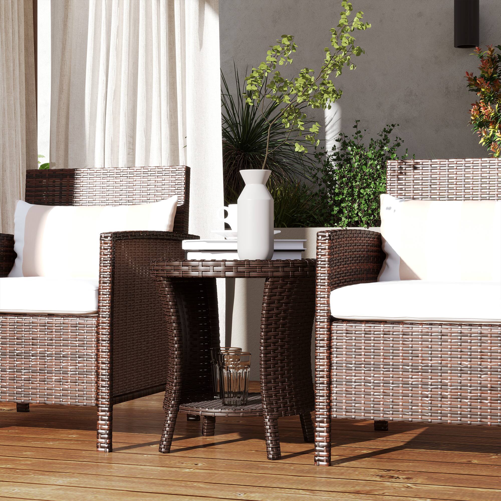 Alt View 7. Outsunny - 18" Outdoor Wicker Coffee Table, 2-Tier Patio Side Table with Storage, PE Rattan Outdoor Coffee Table - Mixed Brown.