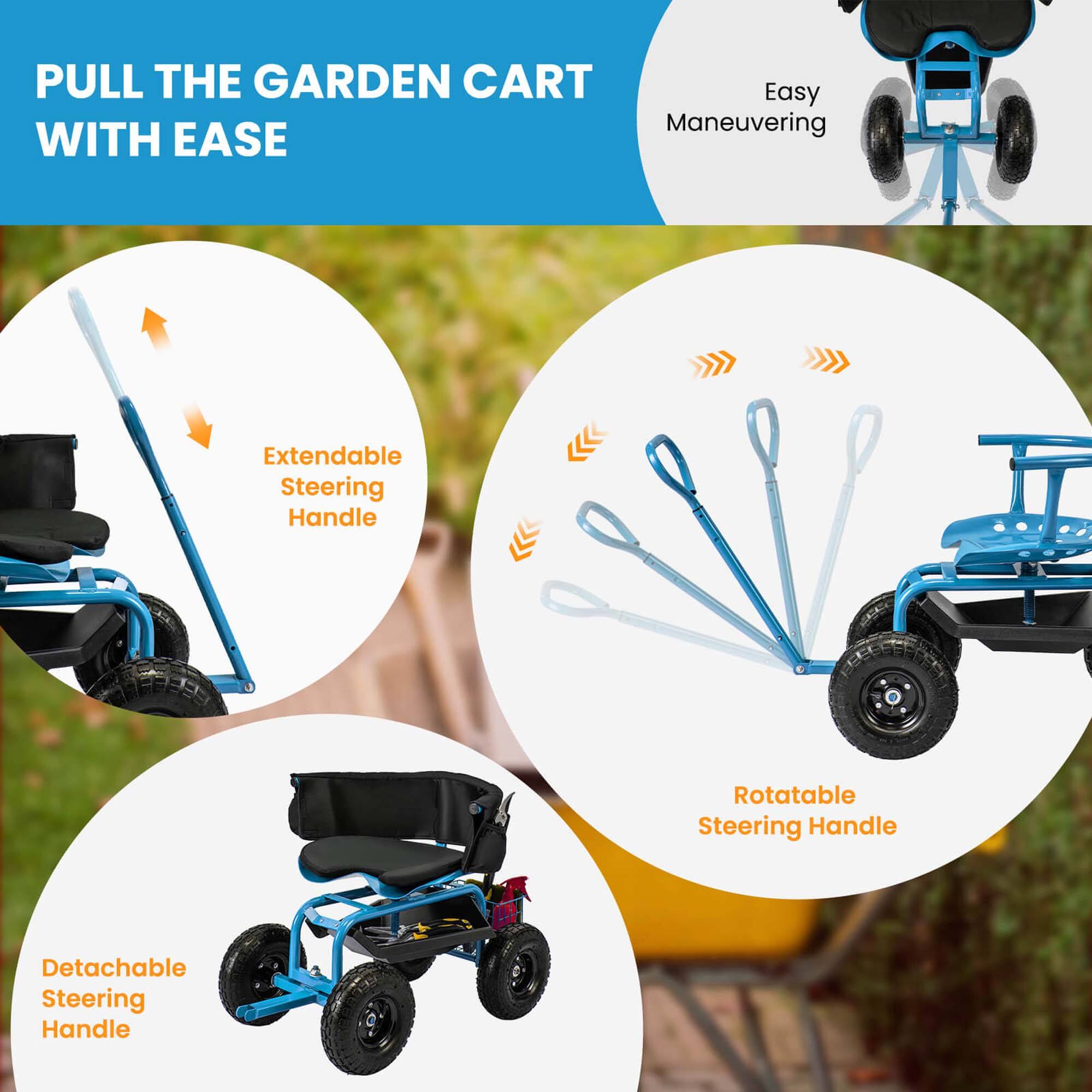 PULL THE GARDEN CART WITH EASE

Easy Maneuvering

Extendable Steering Handle

Rotatable Steering Handle

Detachable Steering Handle
