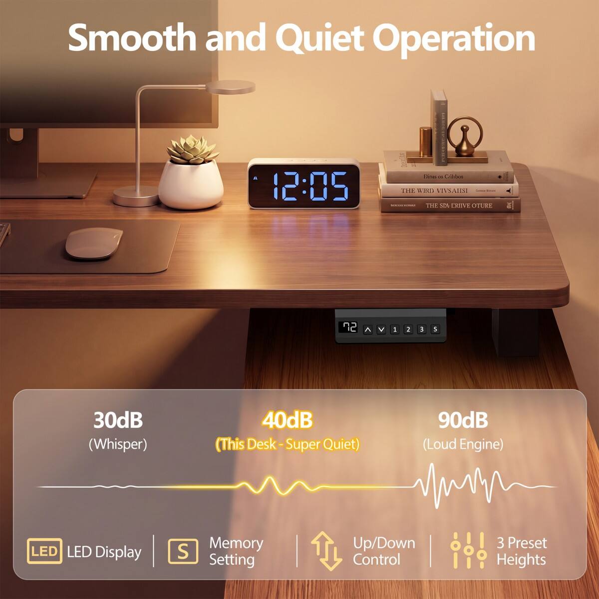 Smooth and Quiet Operation

12:05

30dB (Whisper)
40dB (This Desk - Super Quiet)
90dB (Loud Engine)

LED Display
Memory Setting
Up/Down Control
3 Preset Heights
