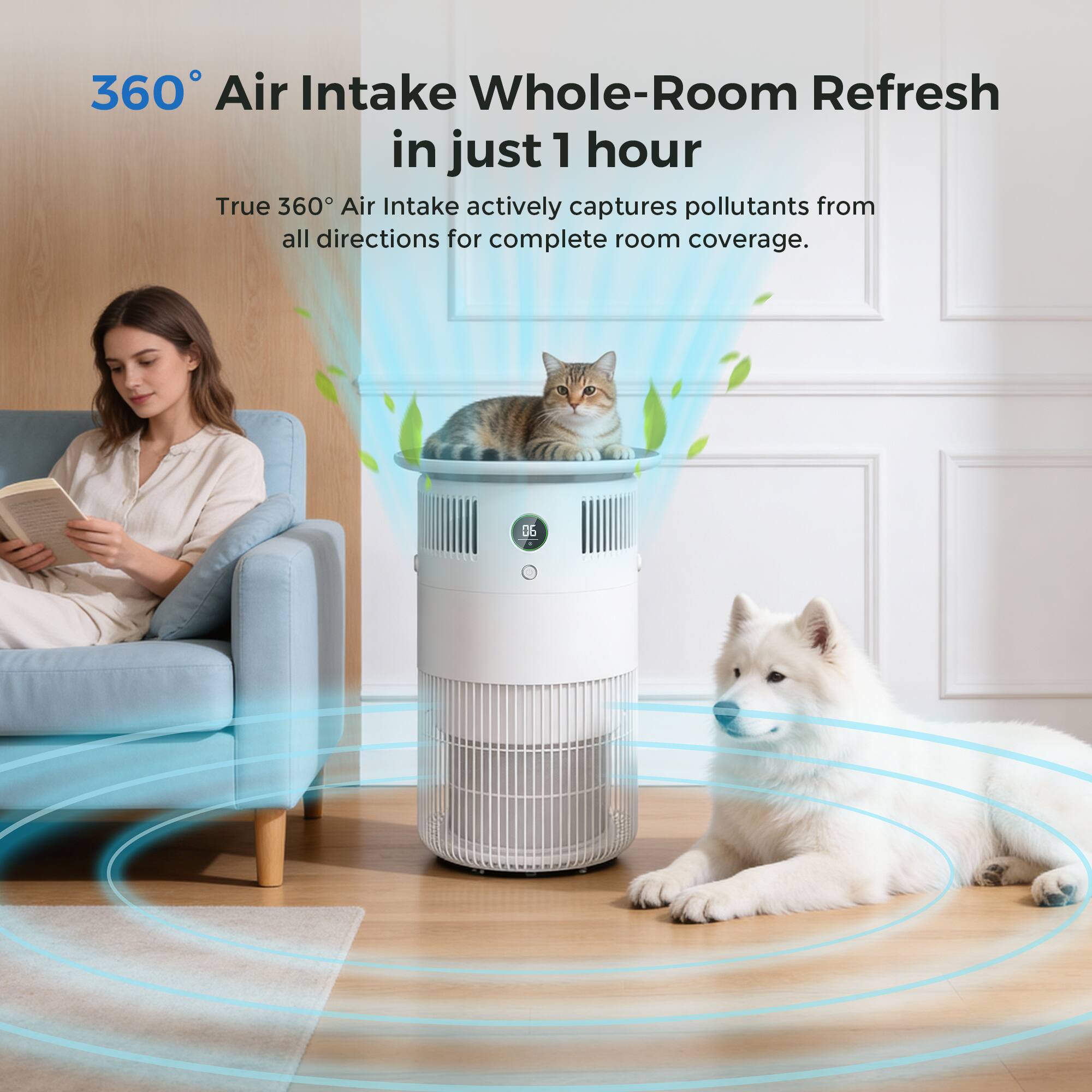 360° Air Intake Whole-Room Refresh in just 1 hour  
True 360° Air Intake actively captures pollutants from all directions for complete room coverage.