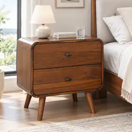 RYHNUYNE - Mid-Century Modern Nightstand, Dark Finish, 2 Drawers, Metal Glides, 26.5 in High - Walnut
