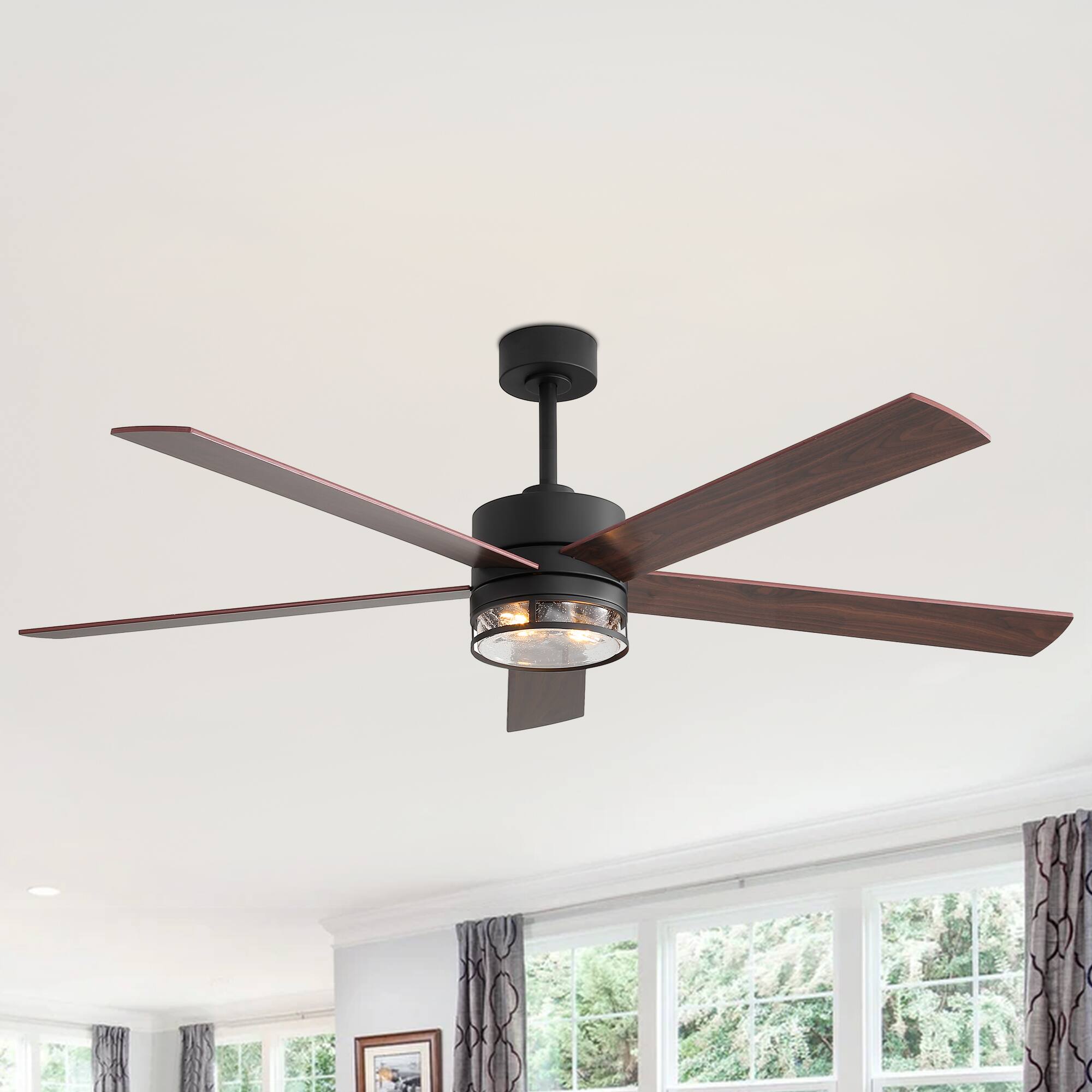 Angle. Breezary - 65" Indoor Large Ceiling Fan with E26 Light Socket, Reversible Blade, Remote& 6-Speed DC Motor, 7/15'' Downrods - Black and Dual-Tone Wood Finish.