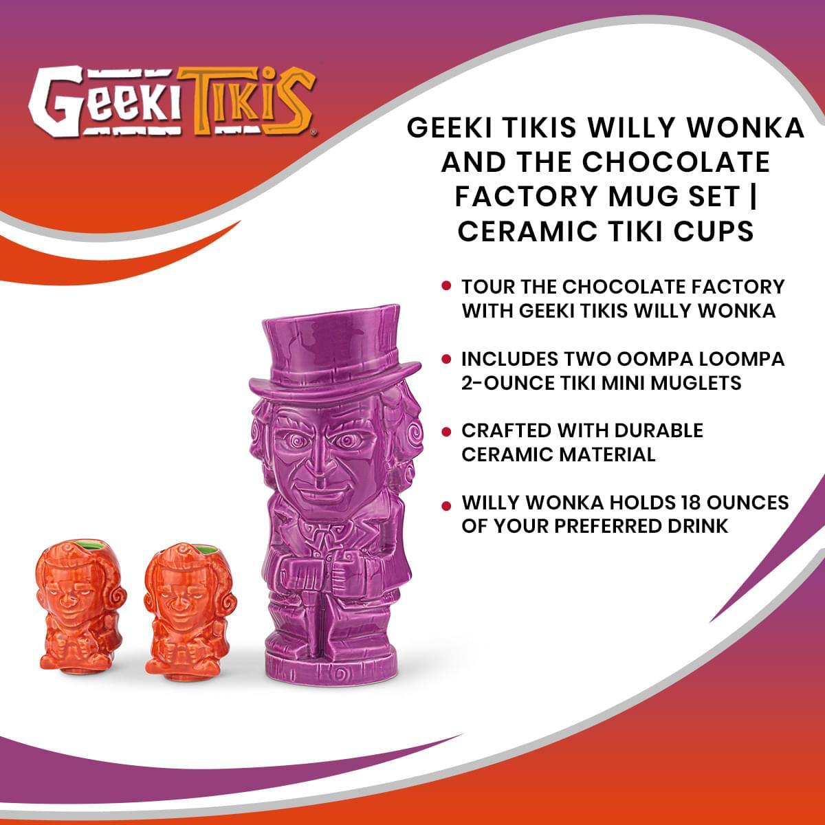 Geeki Tikis Willy Wonka and the Chocolate Factory Mug Set | Ceramic Tiki Cups

- Tour the Chocolate Factory with Geeki Tikis Willy Wonka
- Includes two Oompa Loompa 2-ounce Tiki Mini Muglets
- Crafted with durable ceramic material
- Willy Wonka holds 18 ounces of your preferred drink