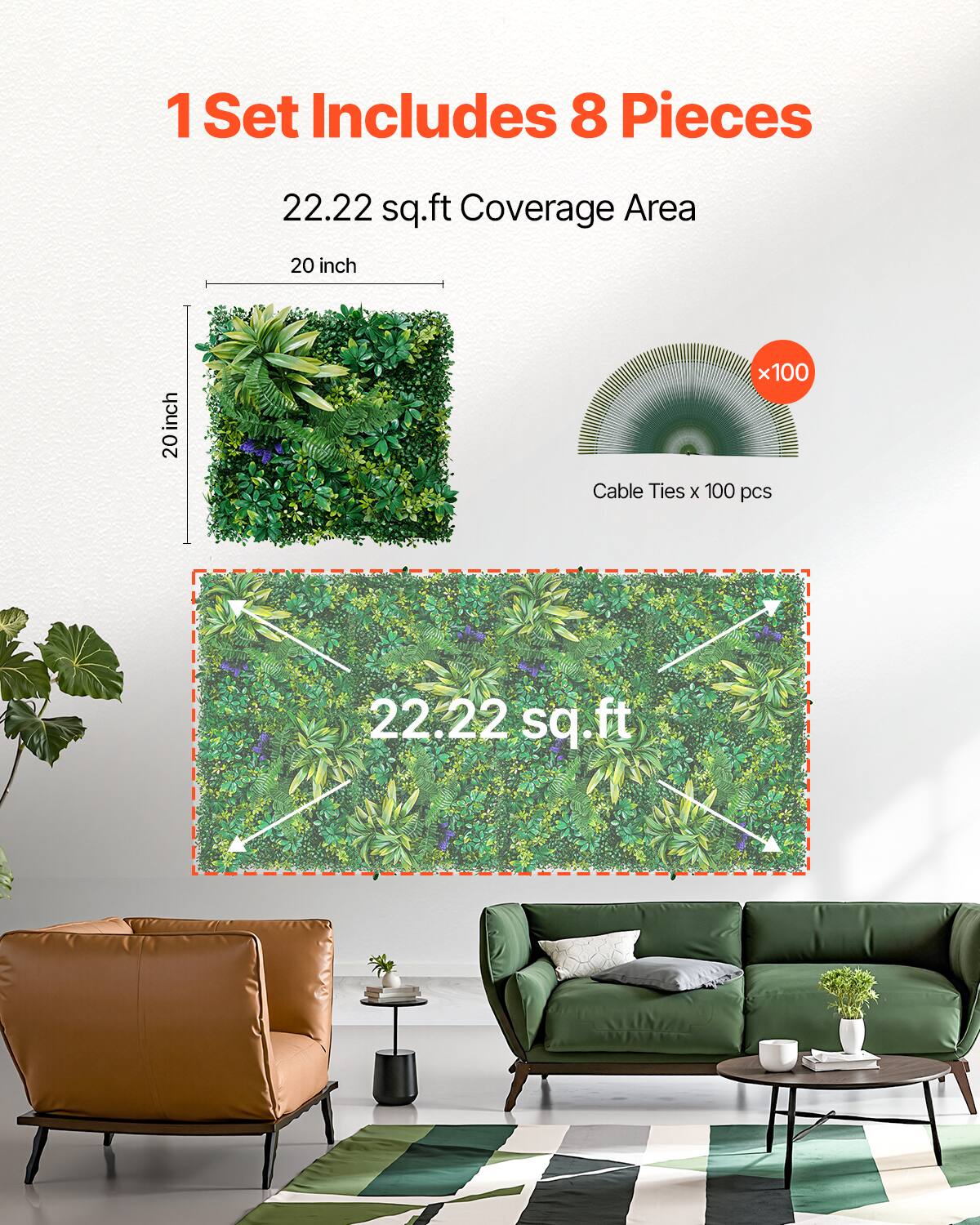 1 Set Includes 8 Pieces, 22.22 sq.ft Coverage Area, 20 inch, Cable Ties x 100 pcs, 22.22 sq.ft