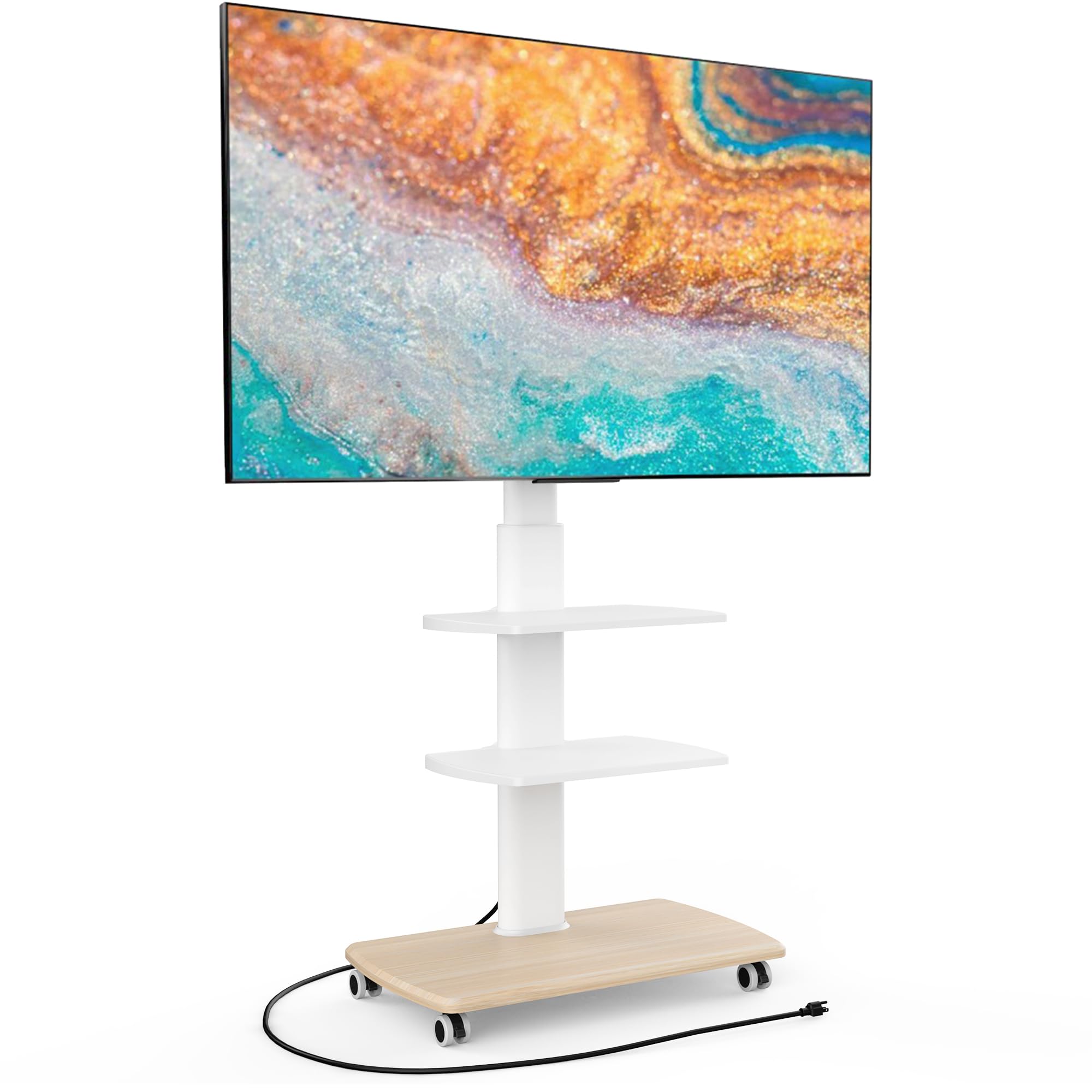 Front. ThinkLink Electronic - Floor Stand Living Room Bedroom Tall Stands Sturdy Wood Base Tvs Corner Height Adjustable Shelves Swivel - White With Wheels & Power Strip.