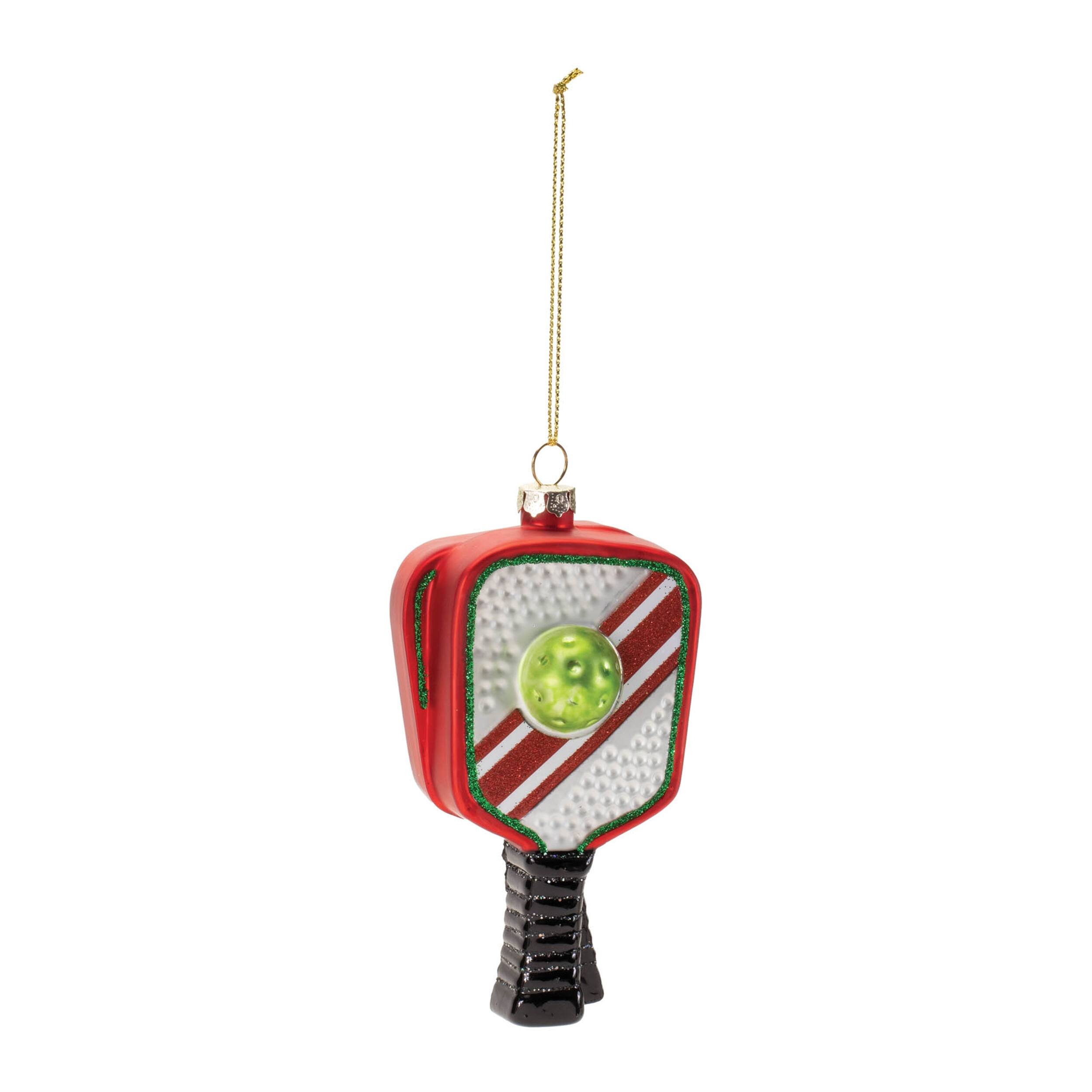 Left. BreeBe - Glass Pickleball Racket Ornament (Set of 6) - Red, Black.