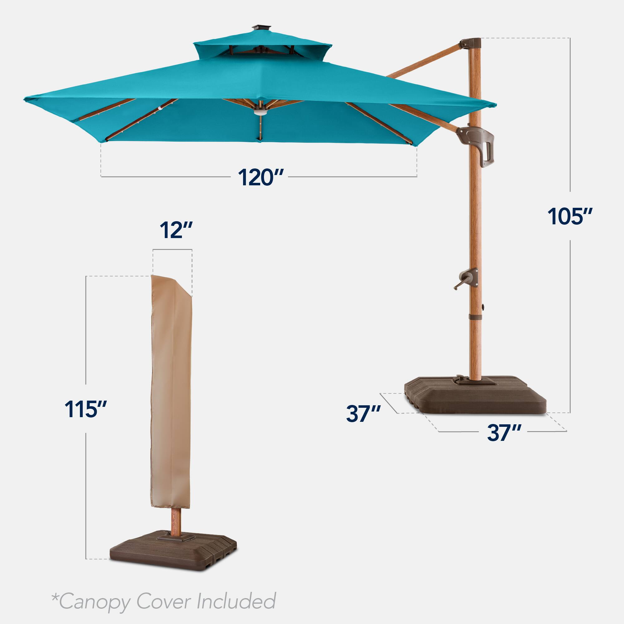 The dimensions of the umbrella are as follows:

- Diameter: 120"
- Height: 115"
- Canopy Cover Included
- Base: 37" x 37"
- Shaft: 12"