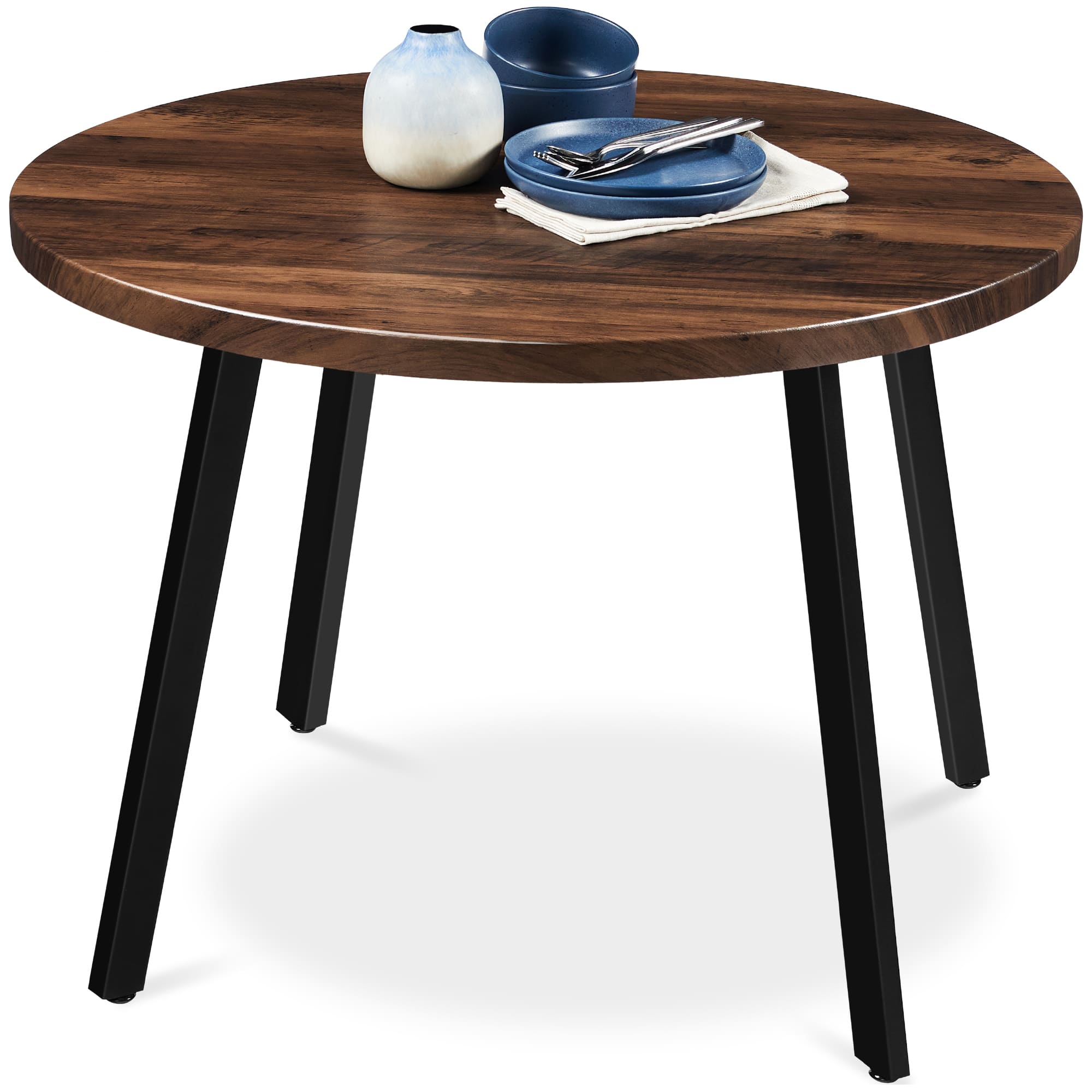 Best Choice Products - 35.5in Mid-Century Modern Round Dining Table w/ Steel Legs, Adjustable Feet - Dark Brown