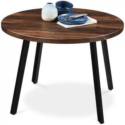 Front. Best Choice Products - Best Choice Products 35.5in Mid-Century Modern Round Dining Table w/ Steel Legs, Adjustable Feet - Dark Brown - Dark Brown.