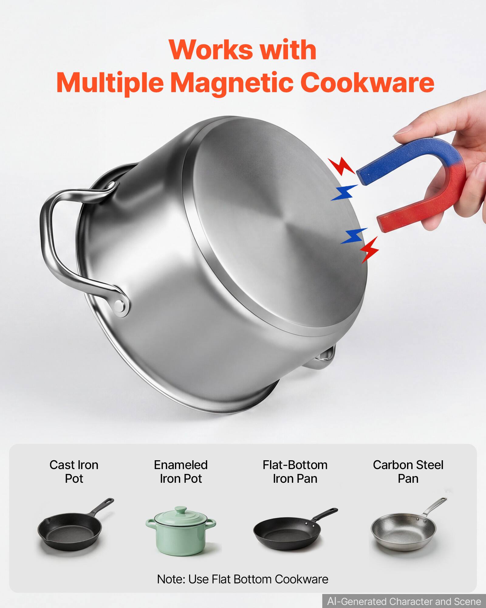 Works with Multiple Magnetic Cookware

Cast Iron Pot  
Enameled Iron Pot  
Flat-Bottom Iron Pan  
Carbon Steel Pan  

Note: Use Flat Bottom Cookware  

AI-Generated Character and Scene