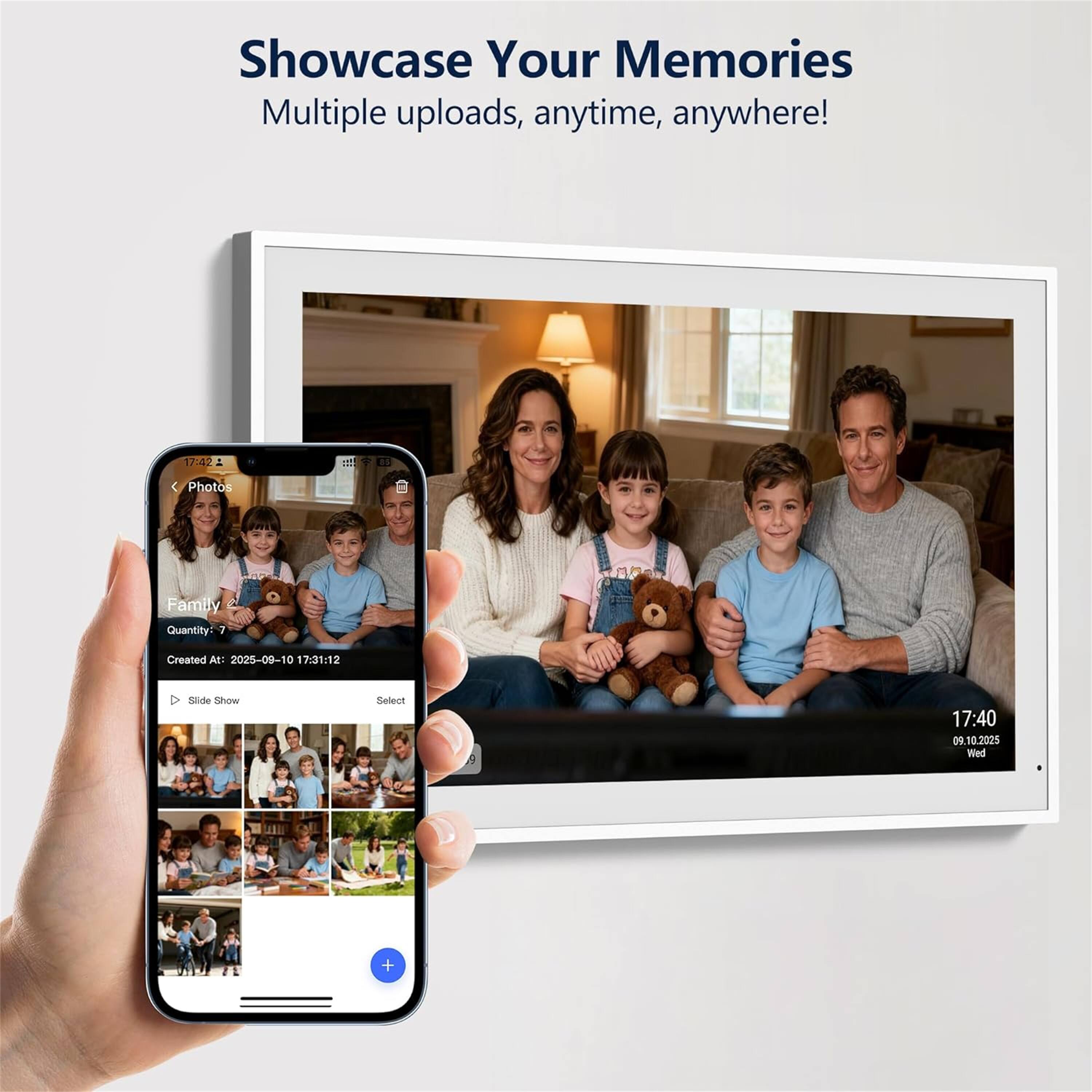 Showcase Your Memories  
Multiple uploads, anytime, anywhere!  

Photos  
Family  
Quantity: 7  
Created At: 2025-09-10 17:31:12  

Slide Show  
Select  

17:42  
17:40  
09.10.2025 Wed