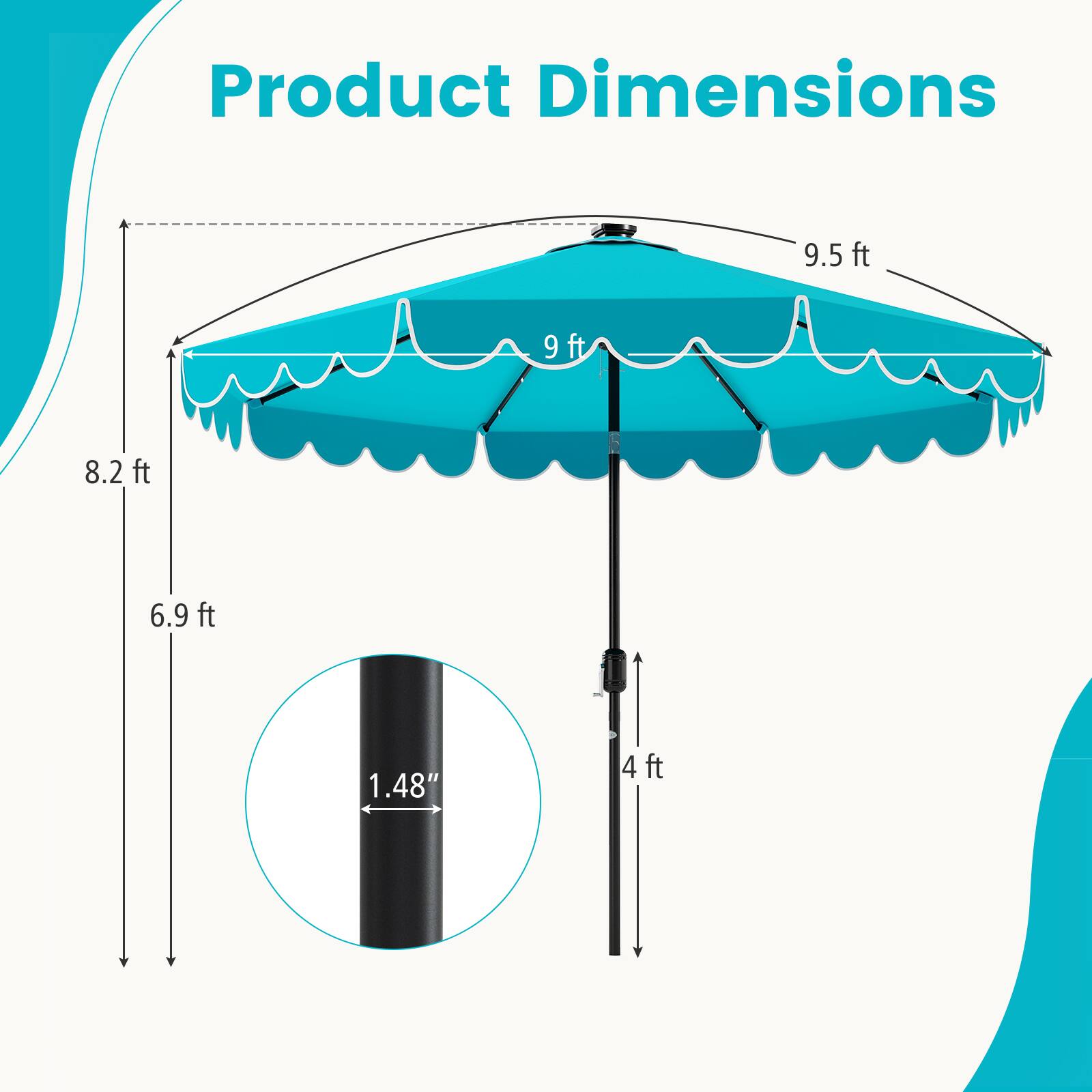 Product Dimensions 9.5 ft 9 ft 8.2 ft 6.9 ft 1.48" 4 ft