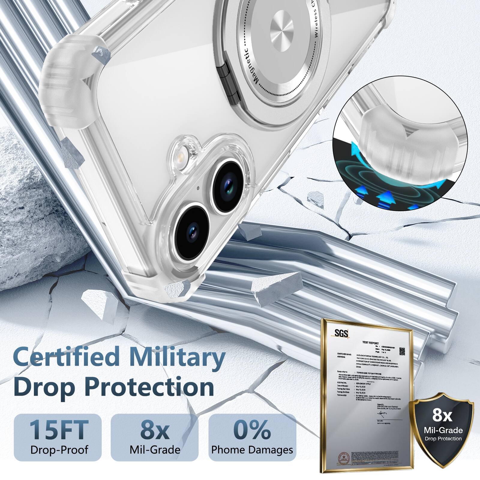 Magnetic CA Wireless Certified Military Drop Protection 15FT 8x 0% Drop-Proof Mil-Grade Phone Damages SGS - 8x Mil-Grade Drop Protection