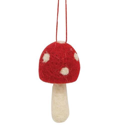 Front. BreeBe - Felted Mushroom Ornament - Red, Cream.