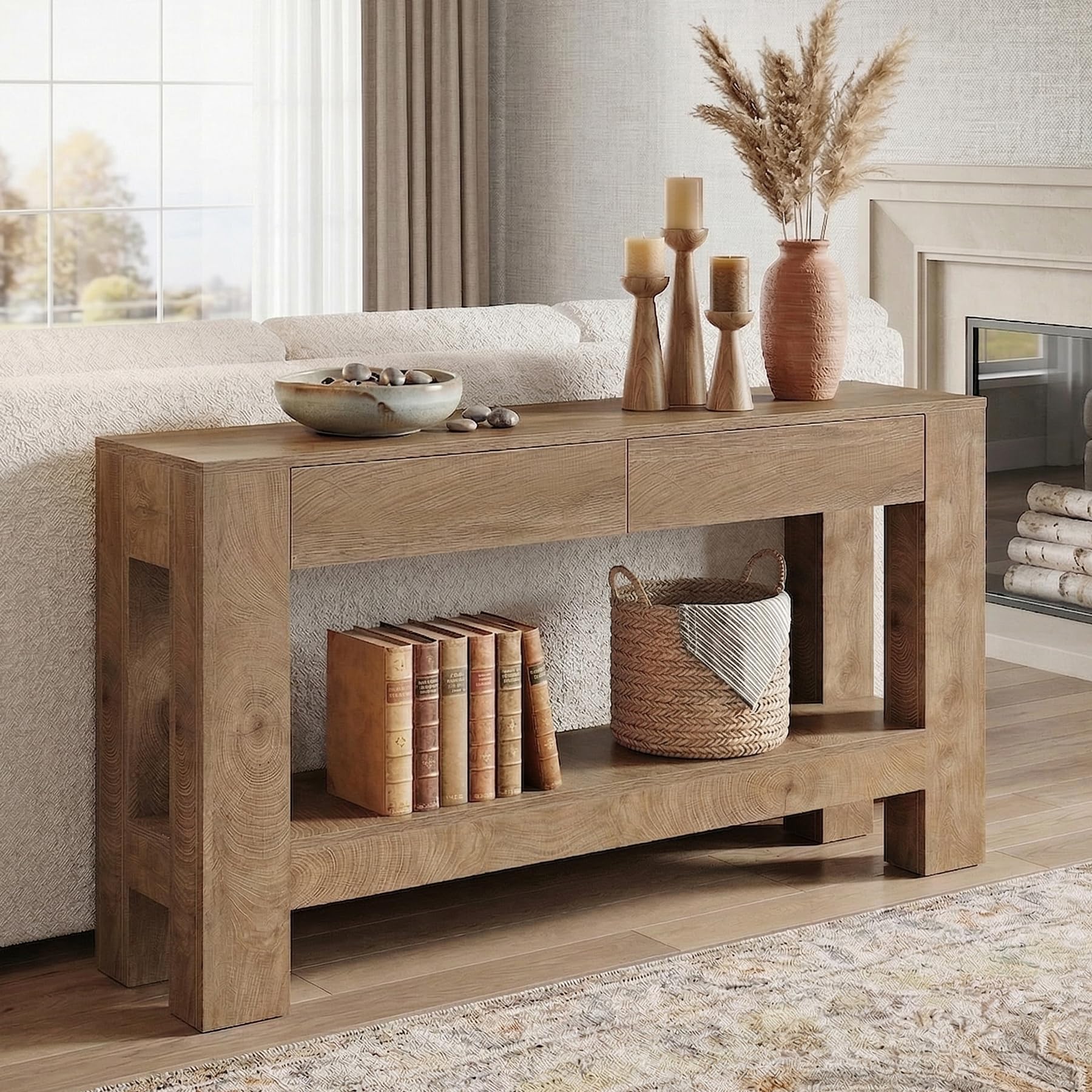 Alt View 5. Tribesigns - 63" Farmhouse Console Table with 2 Drawers and Open Storage Shelf - Brown.