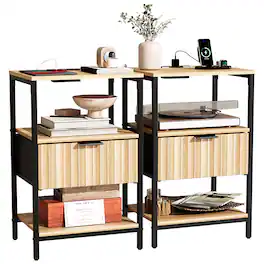 Winado - Set of 2 Fluted Nightstand with Charging Station Fabric Drawer and 2 Shelves USB Type-C AC Outlets Front Bedside Table - Oak