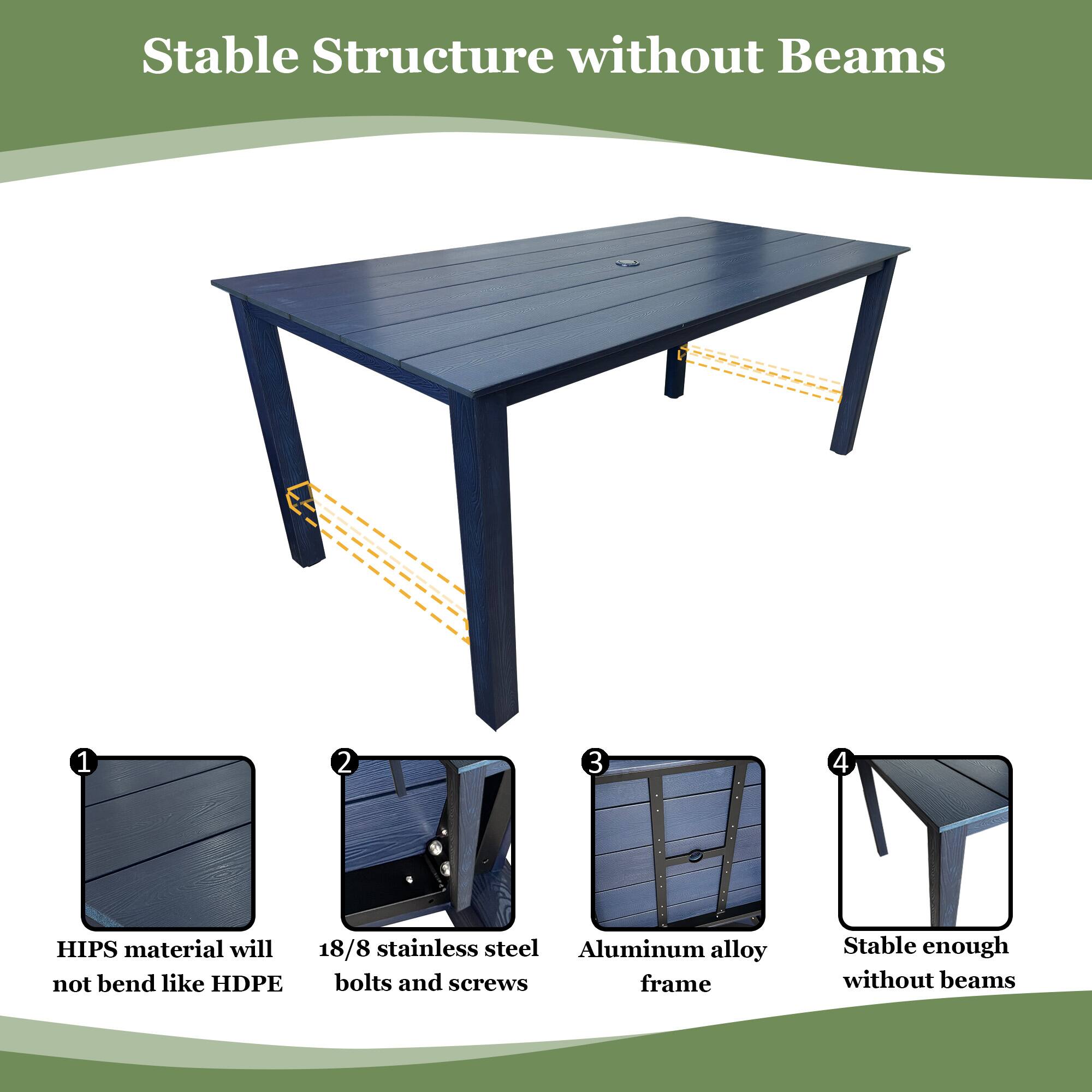 Stable Structure without Beams

1. HIPS material will not bend like HDPE
2. 18/8 stainless steel bolts and screws
3. Aluminum alloy frame
4. Stable enough without beams