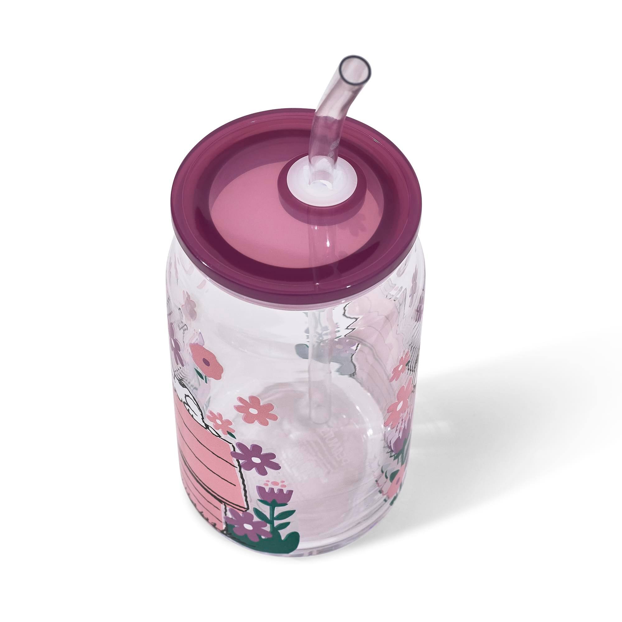 Alt View 1. Silver Buffalo - Peanuts Snoopy 16-Ounce Doghouse Flowers Glass Tumbler With Plastic Lid and Straw - Pink.