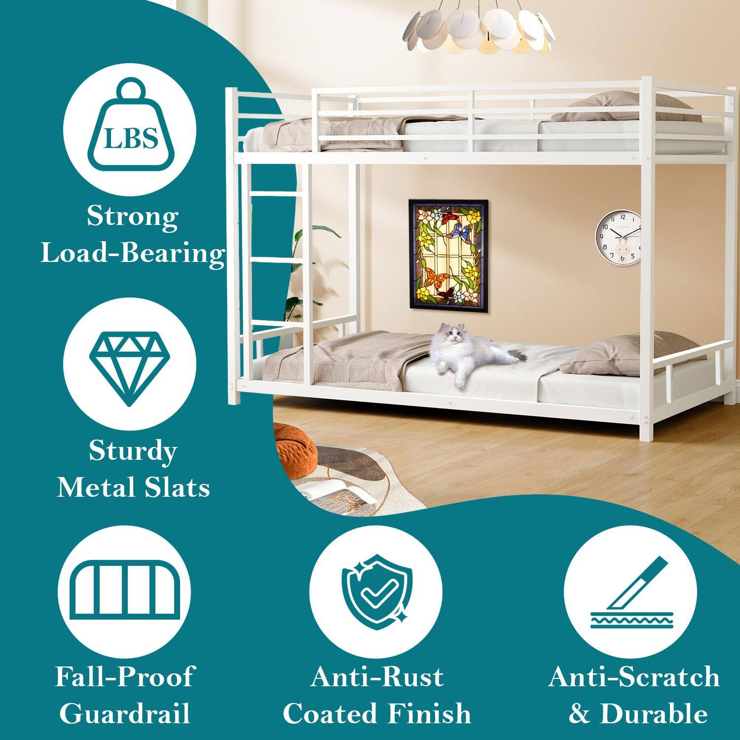 LBS Strong Load-Bearing  
Sturdy Metal Slats  
Fall-Proof Guardrail  
Anti-Rust Coated Finish  
Anti-Scratch & Durable