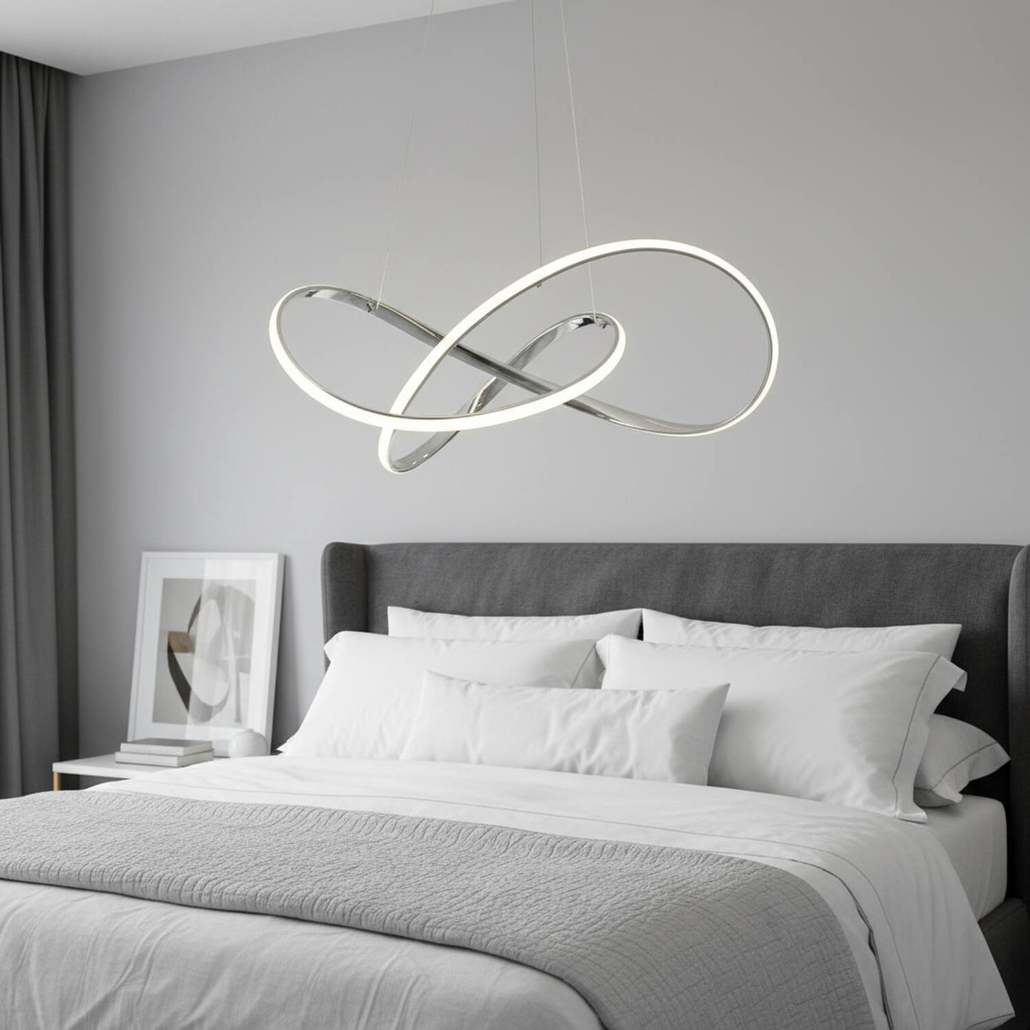 Left. Umeiluce - Modern 40W Integrated LED Abstract Ribbon Pendant Light, 3000K Dimmable Geometric Chandelier, Chrome.