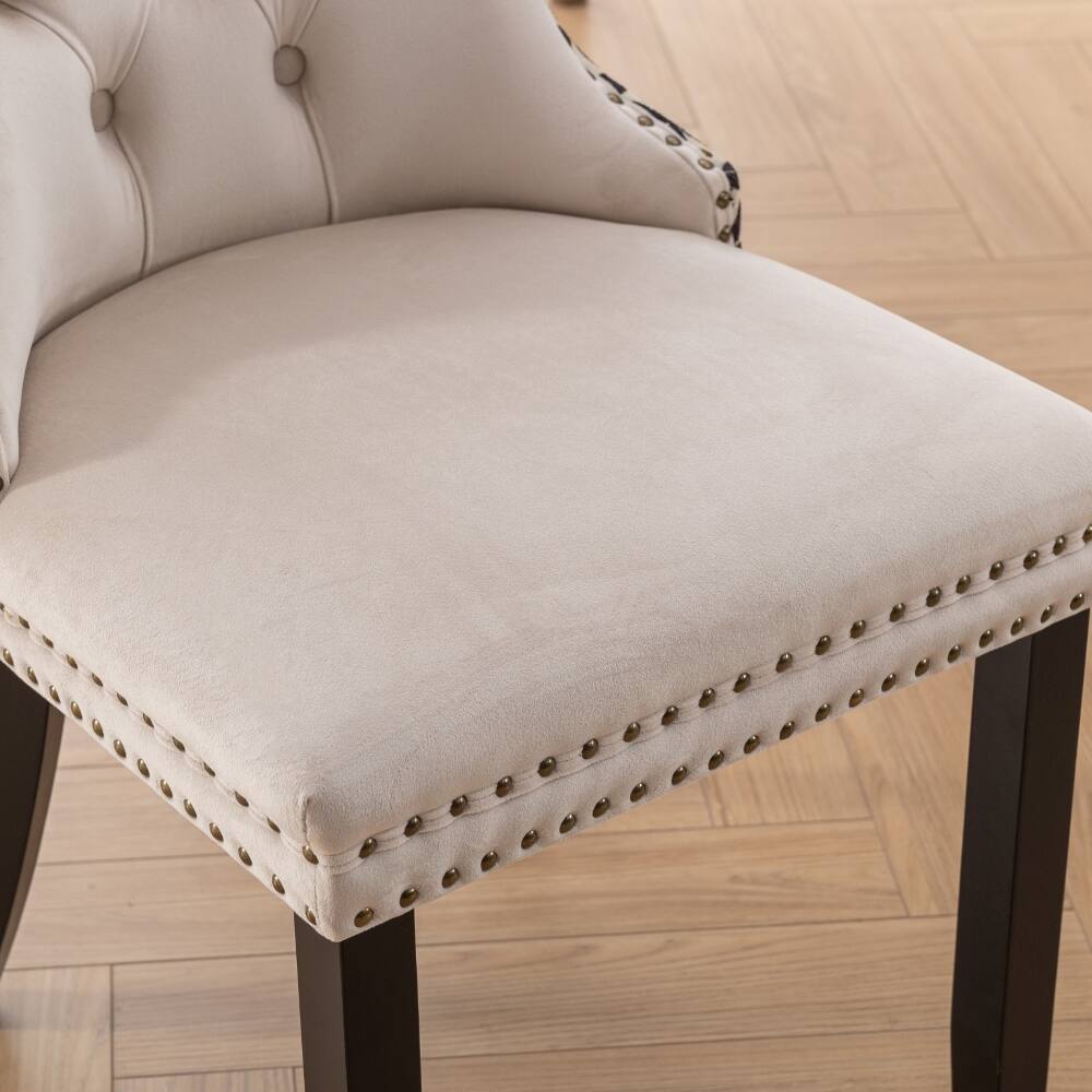 Alt View 8. Loheer - Loheer Velvet Dining Chairs Set of 2, Beige Tufted Upholstered Solid Wood High Back with Nailhead Trim - Beige.